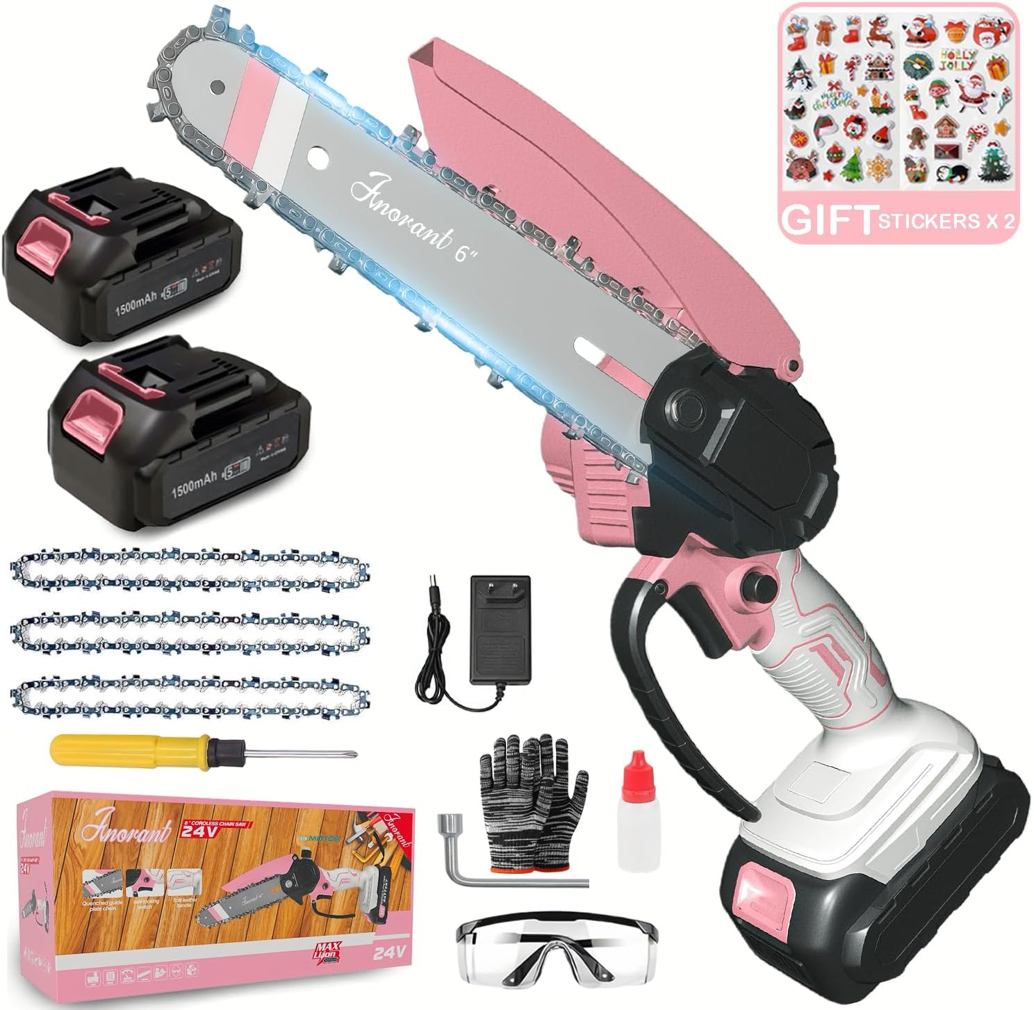 Mini Cordless Electric Chainsaw, 6-Inch High Carbon Steel Blade, Battery-Powered, 21V with Safety Lock, Wood Cutting, 45-Degree Angle, 3.5 lbs (Pink and White Dual-Power Upgrade)