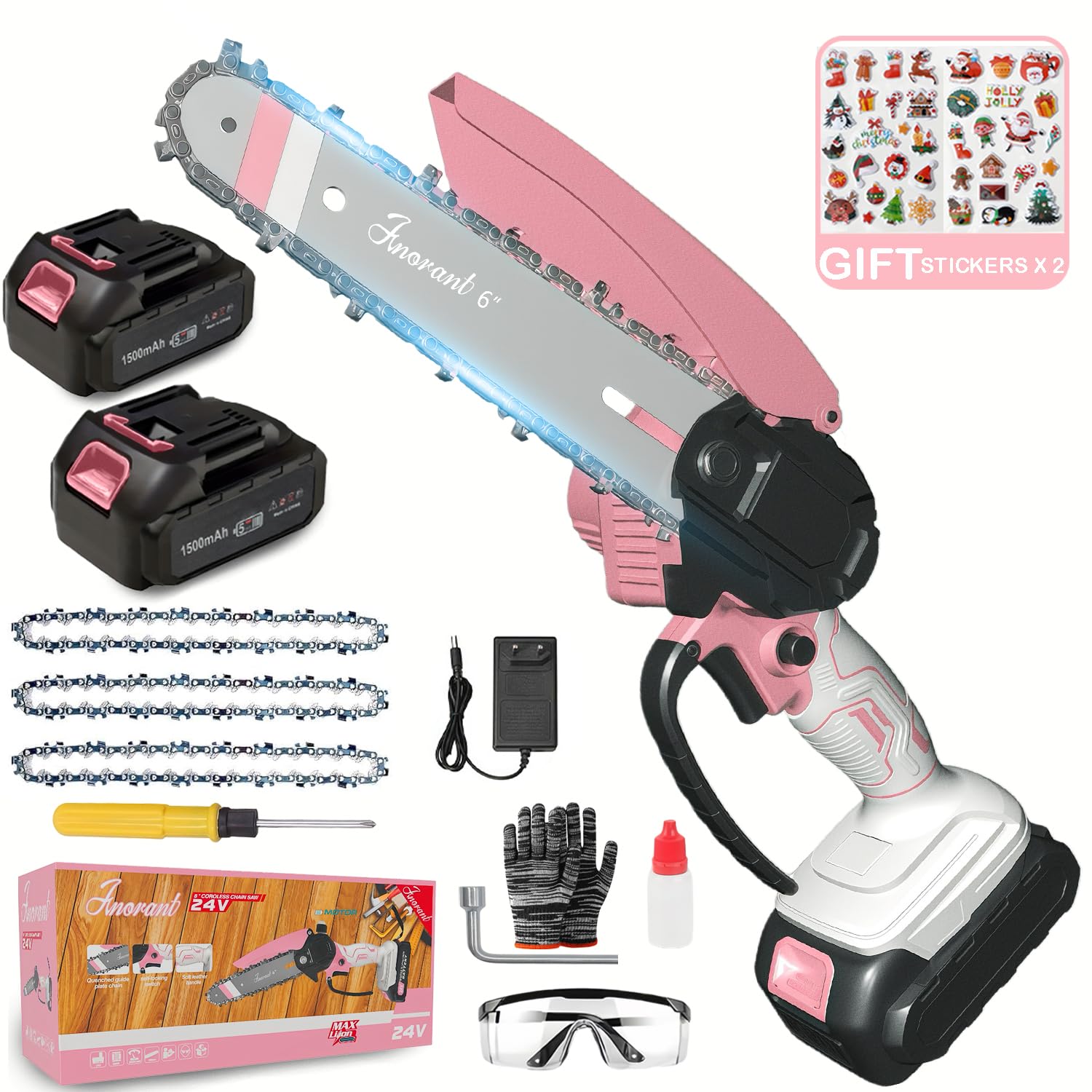 Mini Cordless Electric Chainsaw, 6-Inch High Carbon Steel Blade, Battery-Powered, 21V with Safety Lock, Wood Cutting, 45-Degree Angle, 3.5 lbs (Pink and White Dual-Power Upgrade)