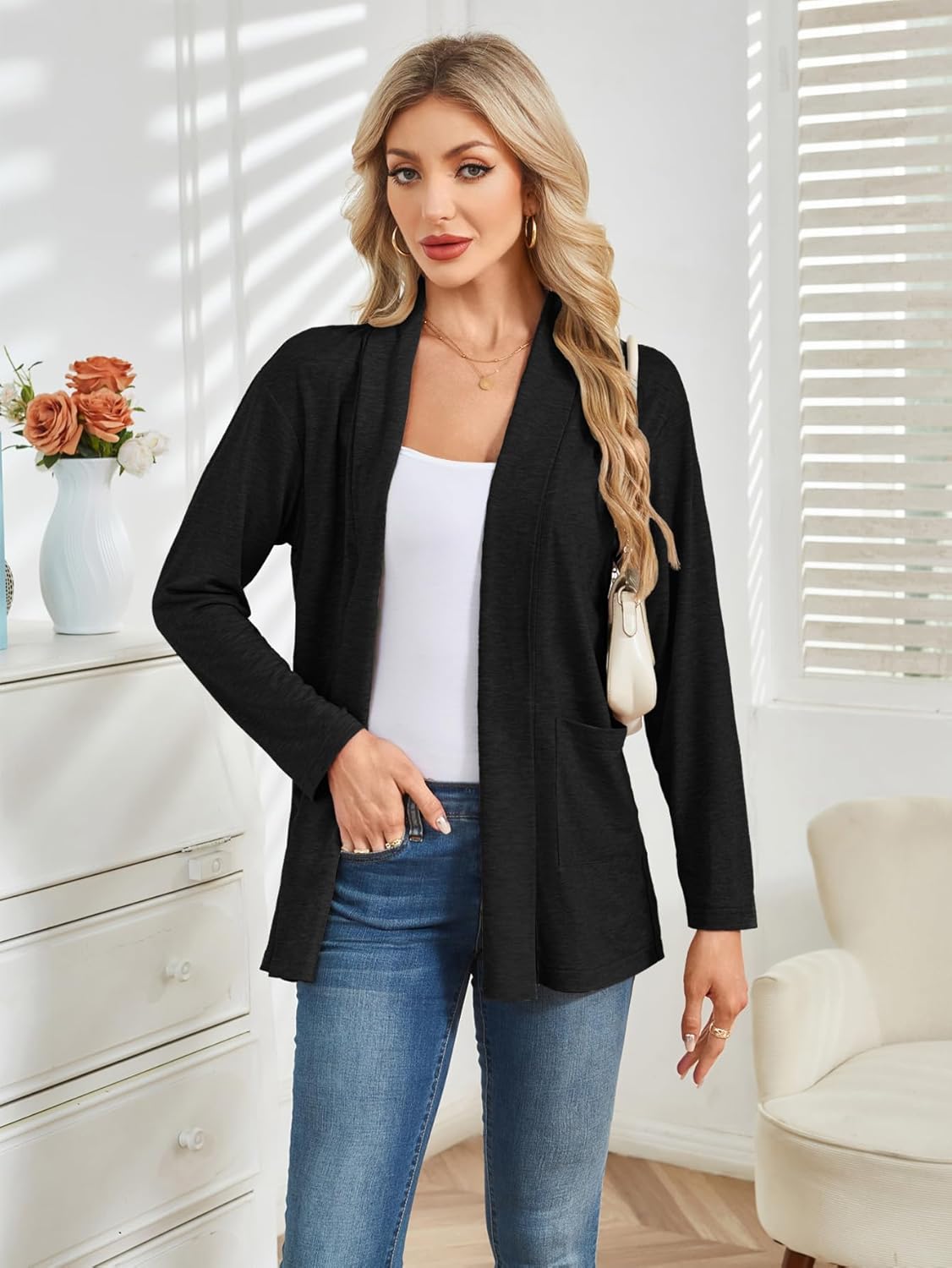 Besshopie Women's Lightweight Cardigan Long Sleeve Open Front Fall Sweater Dusters Shrugs with Pocket - Image 5