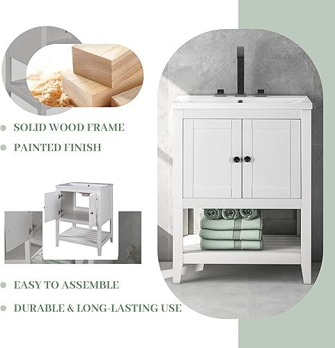 Miniatura 4 de Armario de tocador de baño de 24 pulgadas con parte superior de fregadero de cerámica, estante de almacenamiento abierto, puertas de cierre suave,