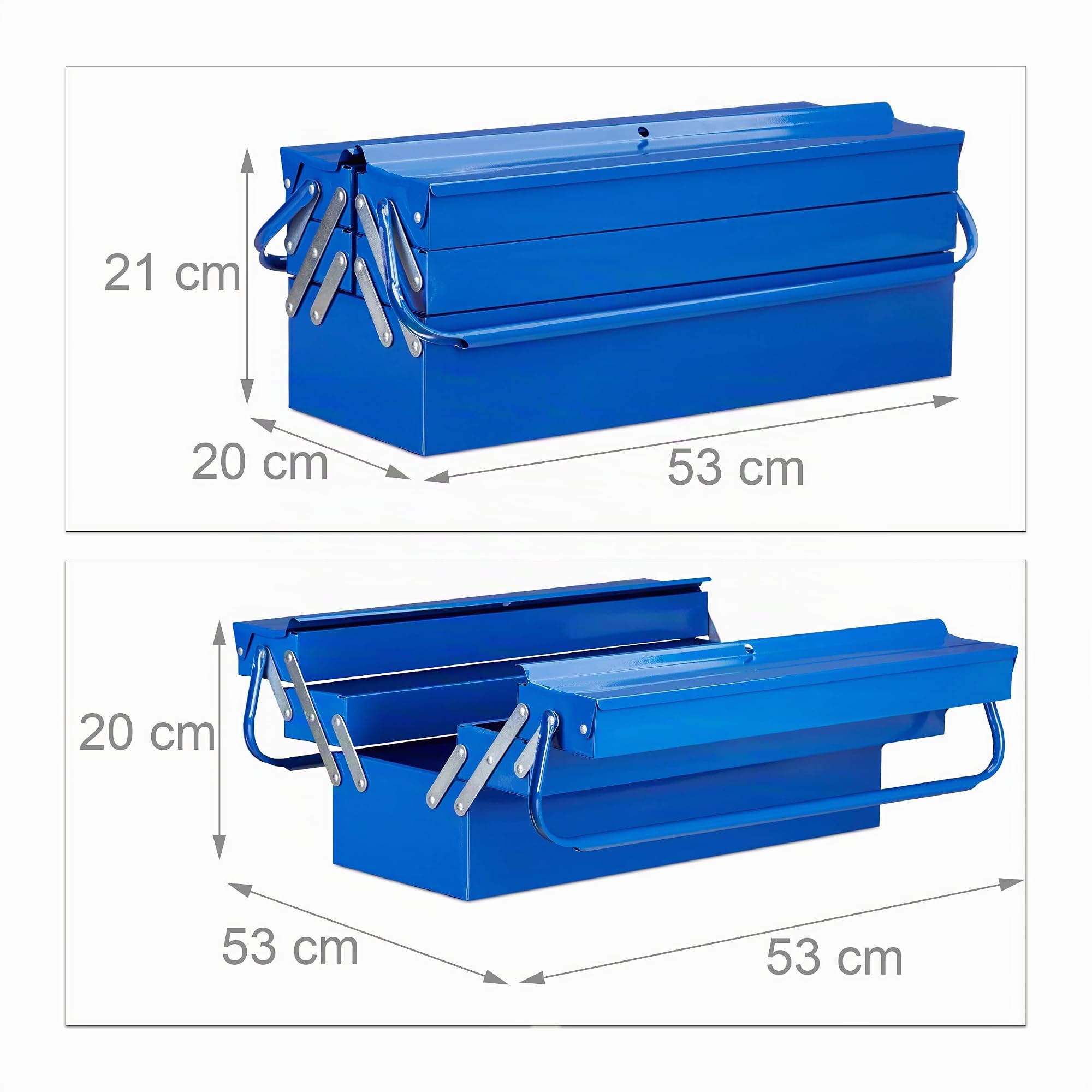 Relaxdays Caja Herramientas Vacía con Asa, Maletín Almacenaje, 5 Compartimentos, Metal, 21 x 53 x 20 cm, Azul