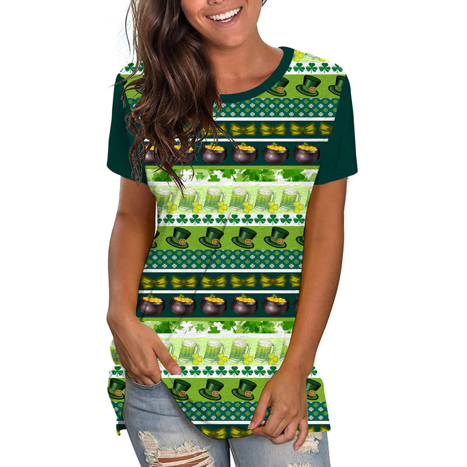 WNVWAPZY Lucky Charms Shirt Women St Patricks Day Short Sleeve Plaid Clover Graphic Tees Cute Gnomies Shamrock Casual Blouses