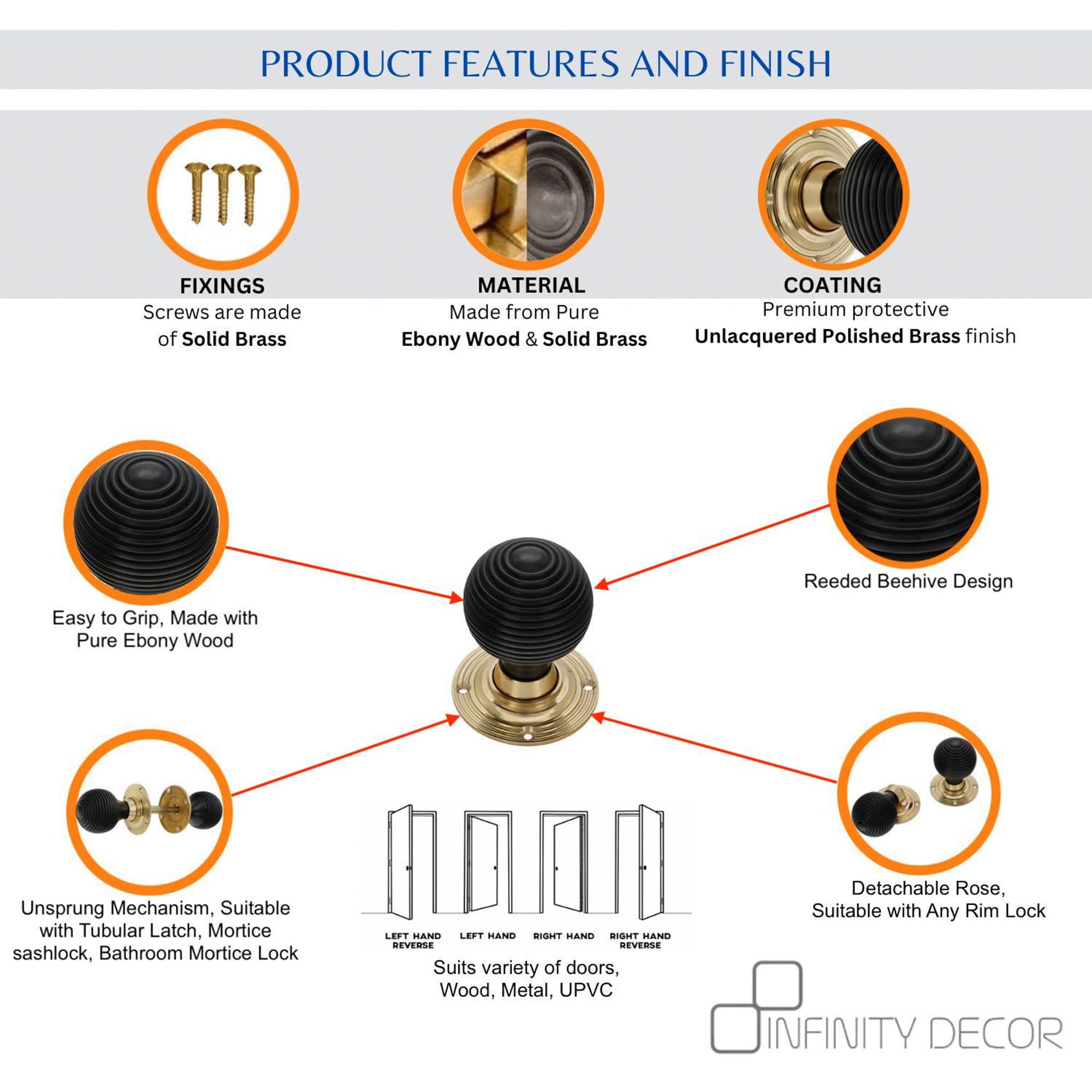 Infinity Decor Victorian Pure Ebony Wooden Beehive Mortice Rim Door Knobs Pull Handles on Polished Brass Rose 55mm - Image 4