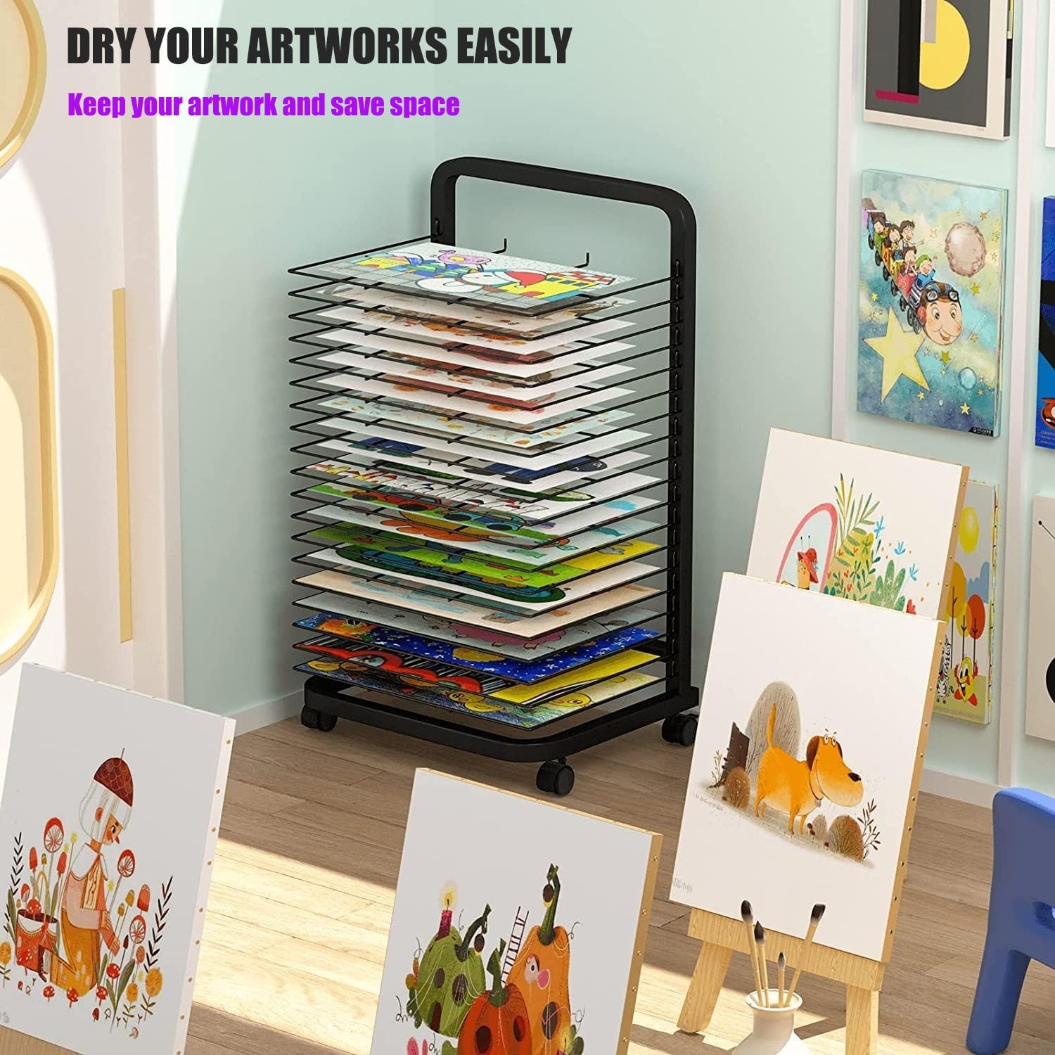 Art Drying Rack for Classroom,20-Shelf Mobile/Wall Mountable Art Storage Rack,Painting Drying Rack with Wheels for Art Studios & Classrooms