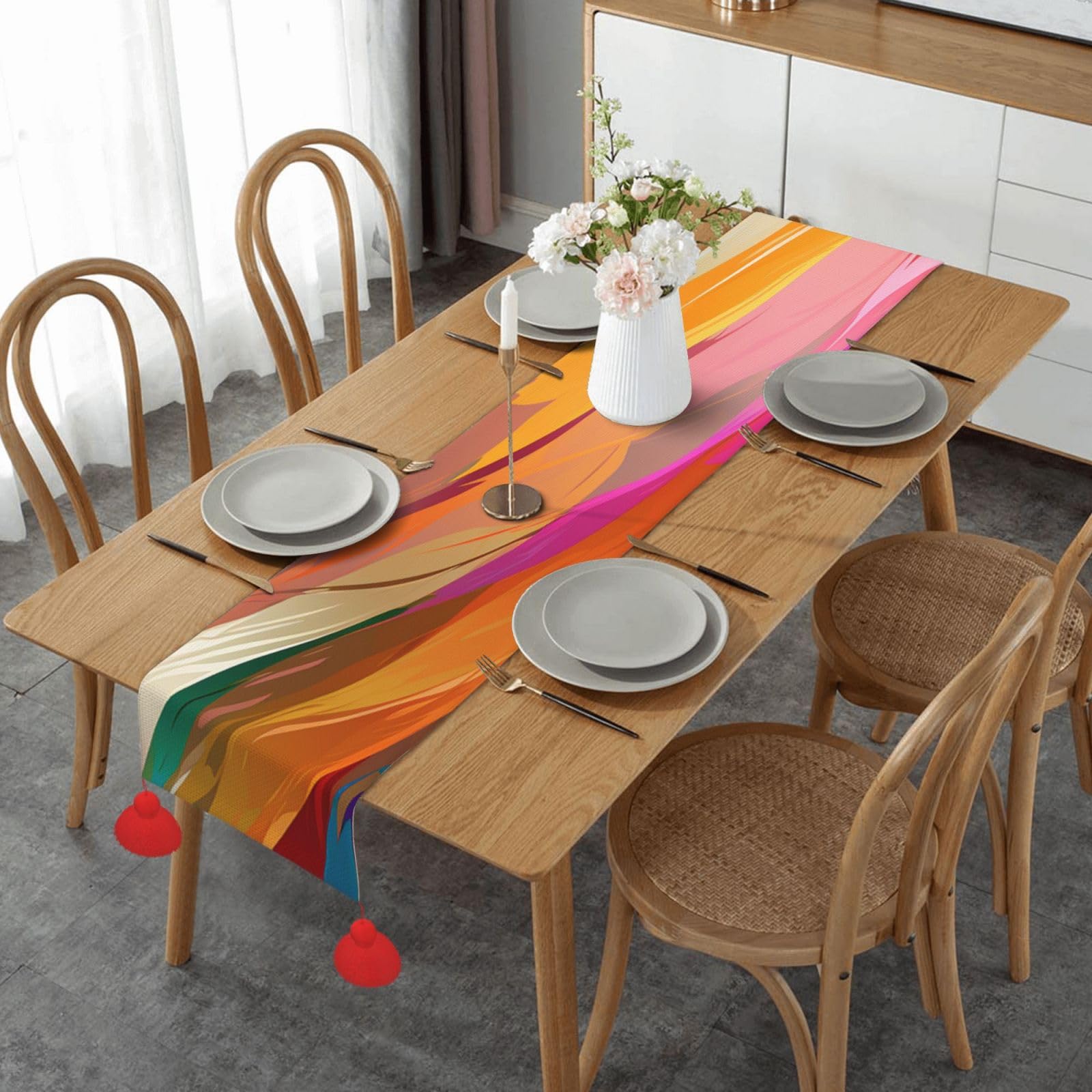 Chemin de table imitation lin arc-en-ciel anti-tache pour fête 152cm