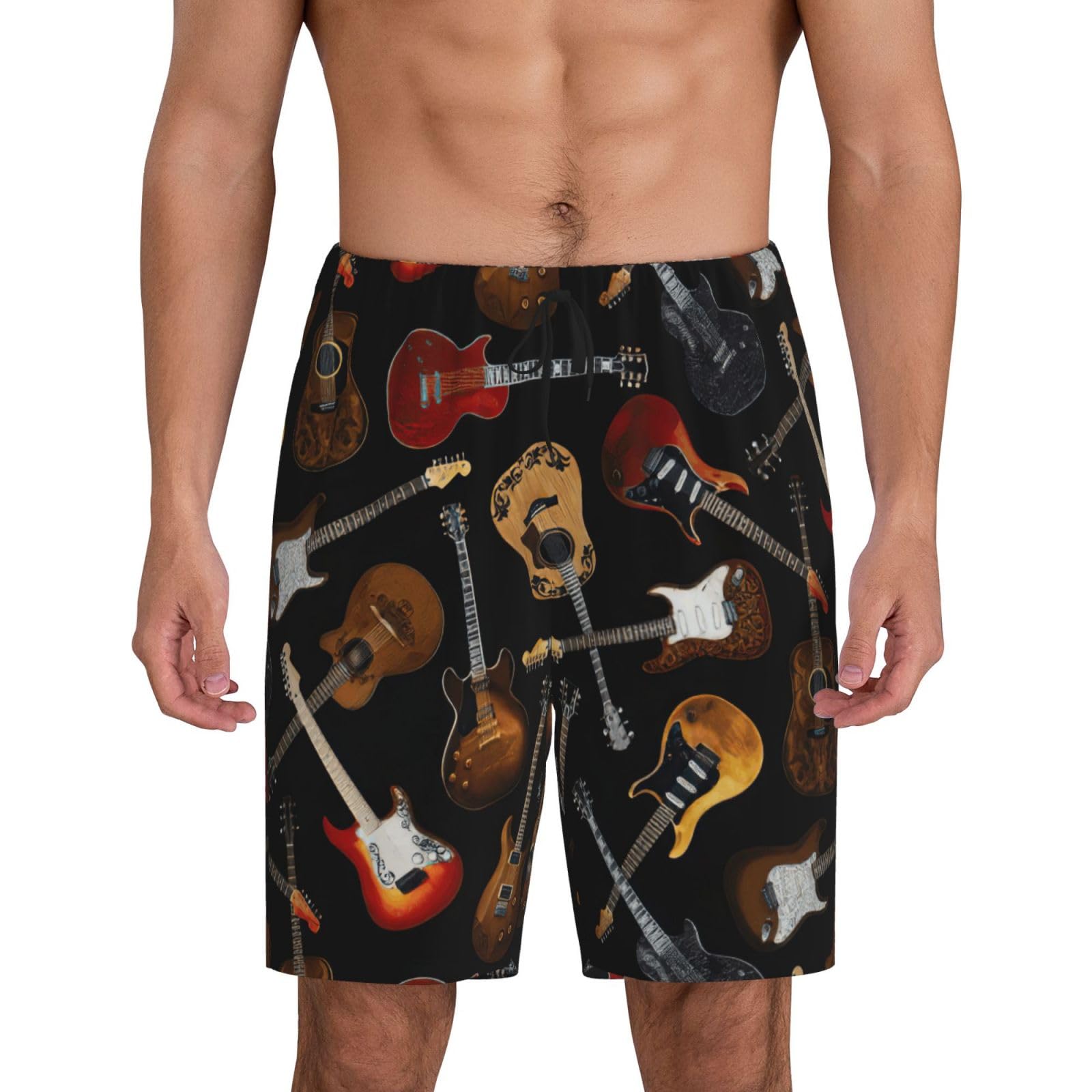 Mdatt Men's Black Guitars 1-Pack Sleep Shorts Loungewear With Side Pockets, Breathable Fit, Available In Big.