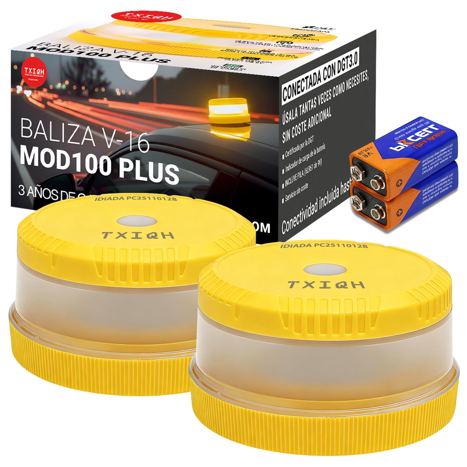 Baliza V16 Homologada DGT 3.0, Luces Emergencia Coche DGT, Ndice de Protección IP54, NB-IOT con Funcionalidad de Geolocalización, Base Imantada (2 PCS)