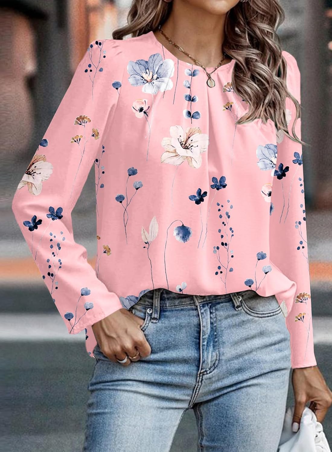 Samefar Womens Tops Dressy Casual Pleated Crew Neck Long Sleeve Shirts Office Work Chiffon Blouses - Image 3