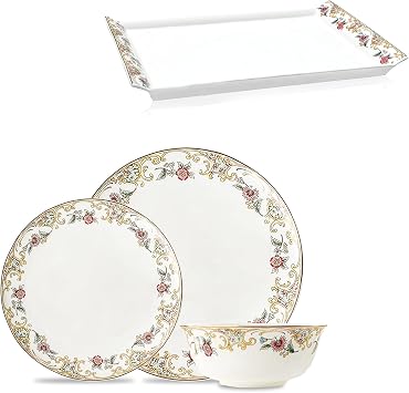 ACMLIFE Bone China Dinnerware Set for 4, Vintage Floral Design, Mount Fuji Inspired, Serving Tray Included