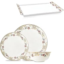 ACMLIFE Bone China Dinnerware Set for 4, Vintage Floral Design, Mount Fuji Inspired, Serving Tray Included