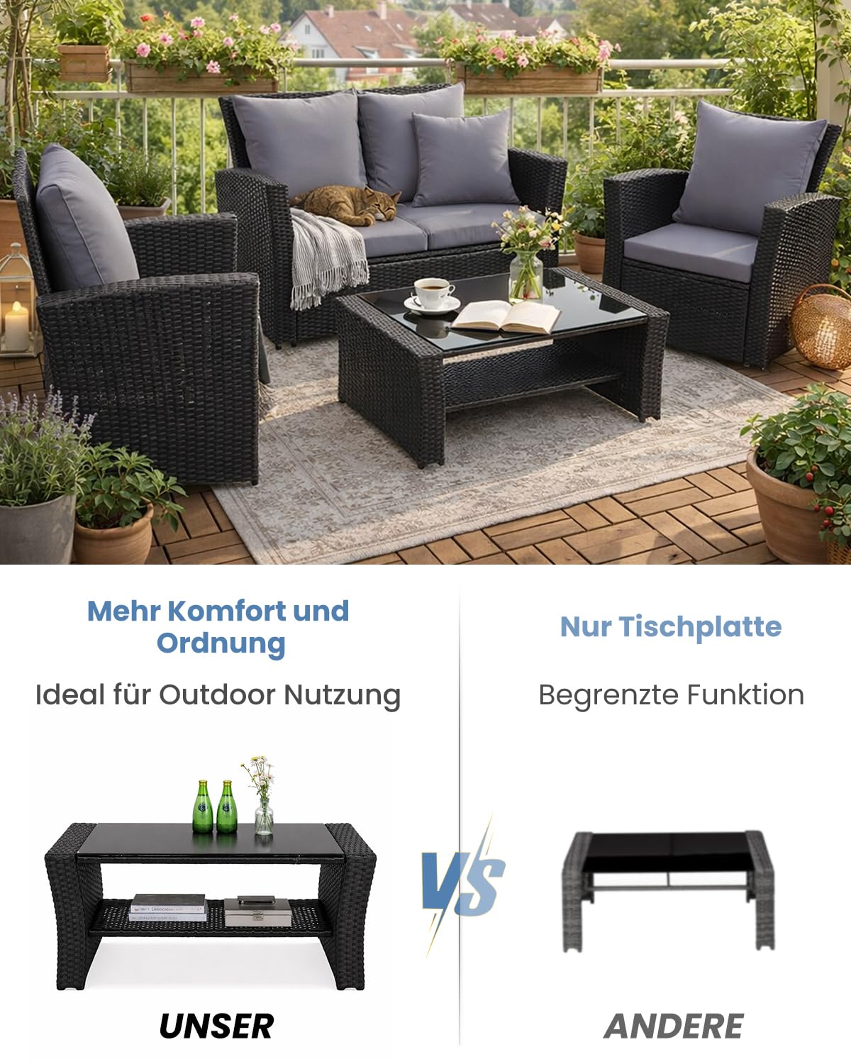 LANOX 4-Teiliges Poly Rattan Balkonmöbel Set mit Sofa und Couchtisch
