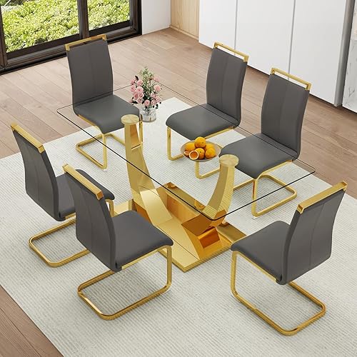 Miniatura 36 de Juego de mesa de comedor de mármol sintético para 6, mesa de comedor moderna de 71 pulgadas para 6, mesa de cocina dorada de lujo y 6 sillas de Mesa
