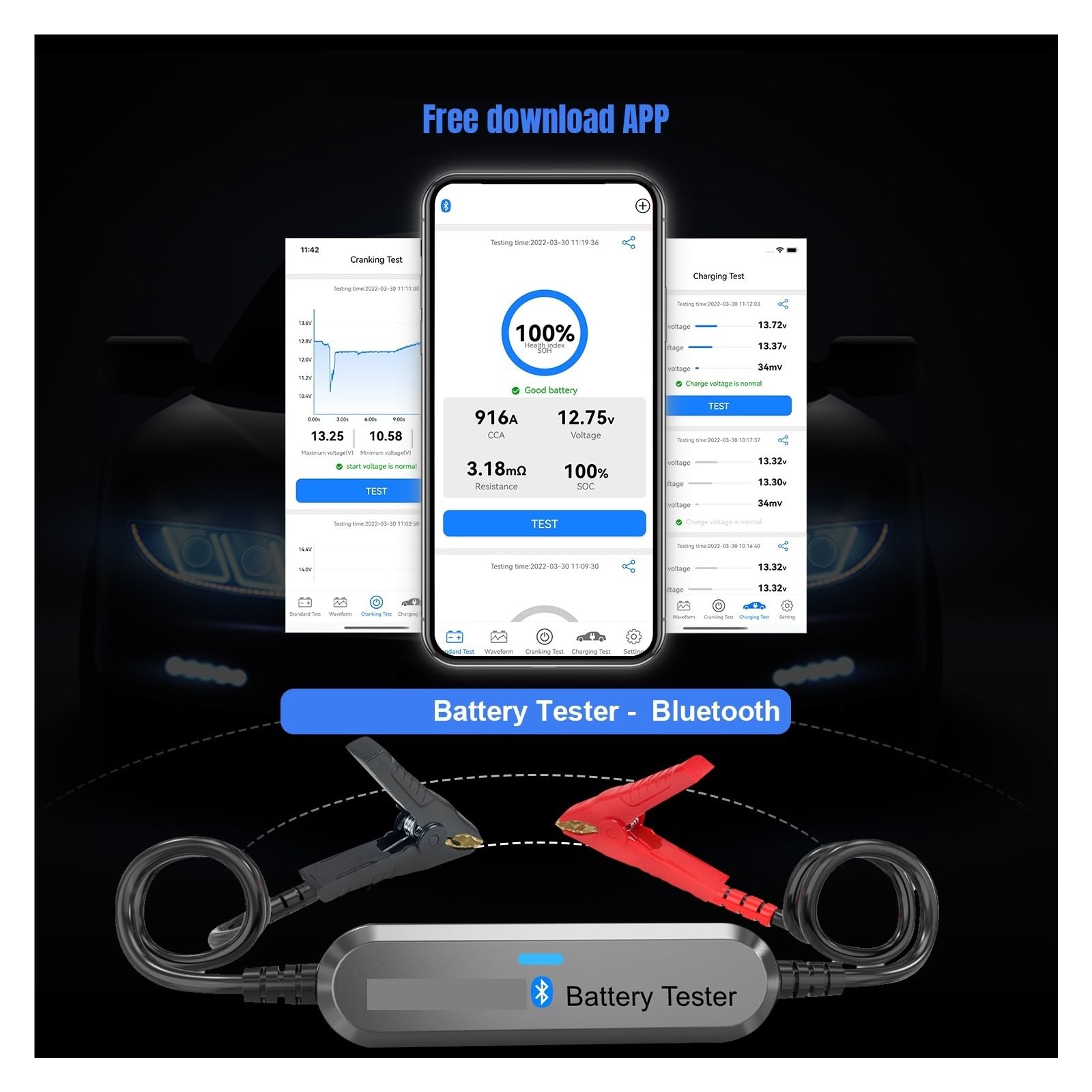 Tester AkumulatoróW Tester Akumulatora Motocykla Samochodowego Bluetooth 5.0 Analizator Akumulatora 6 V 12 V 100 Do 2000 CCA(Black)