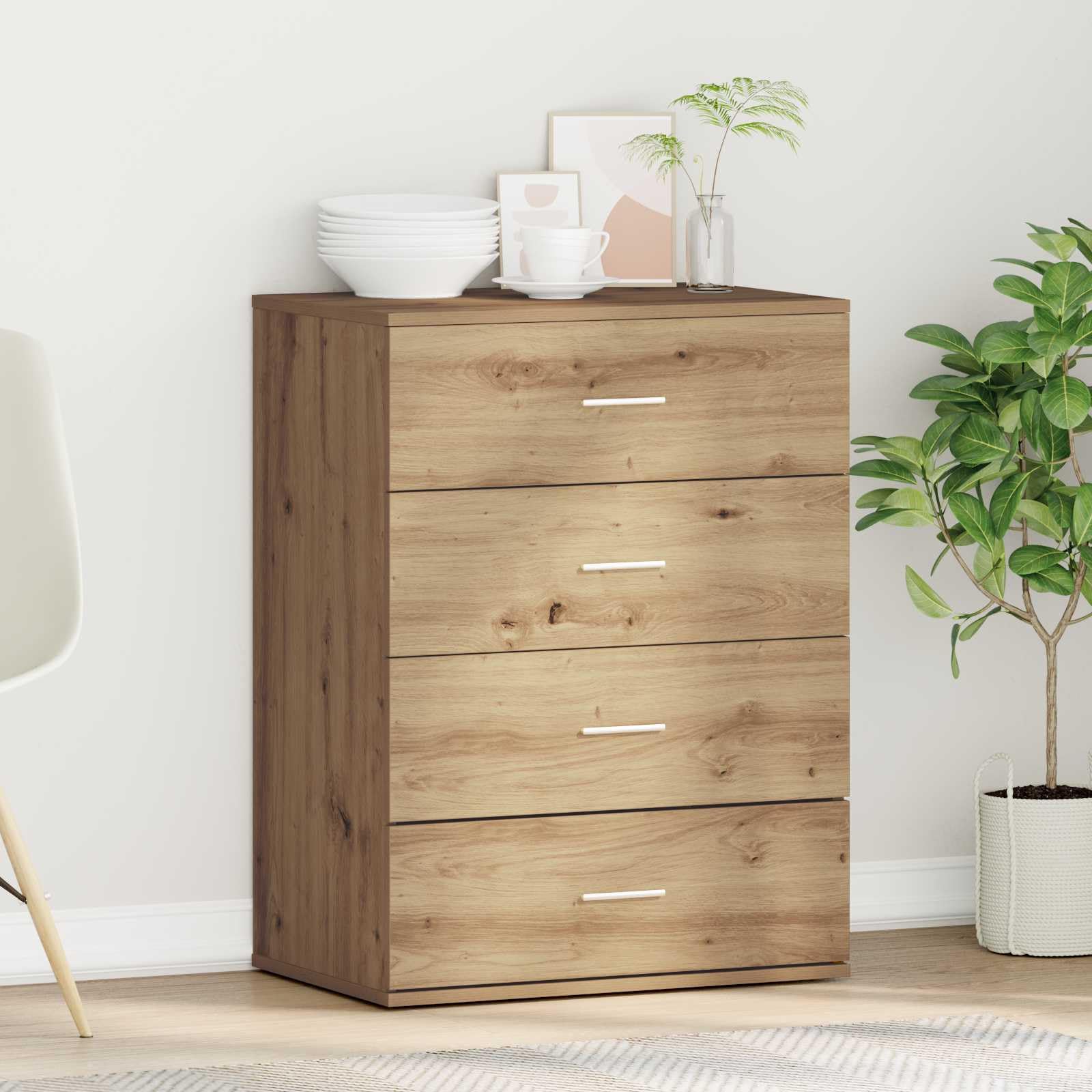 Madera resistente estilo moderno Roble artisan 60 x 39 x 80 cm Marrón | Aparador Roble artisan 60 x 39 x 80 cm Madera de ingeniería con 4 cajones y tiradores plateados para comedor moderno,