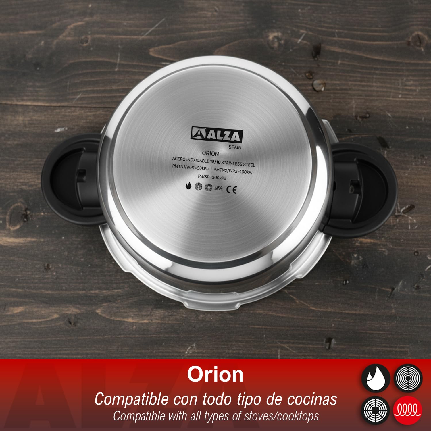 Alza Orion - Olla Express Rápida 6L, Acero Inoxidable 18/10, 2 Niveles de Cocción, Fondo "Impaksteel", Diseño de Doble Asa, 5 Sistemas de Seguridad
