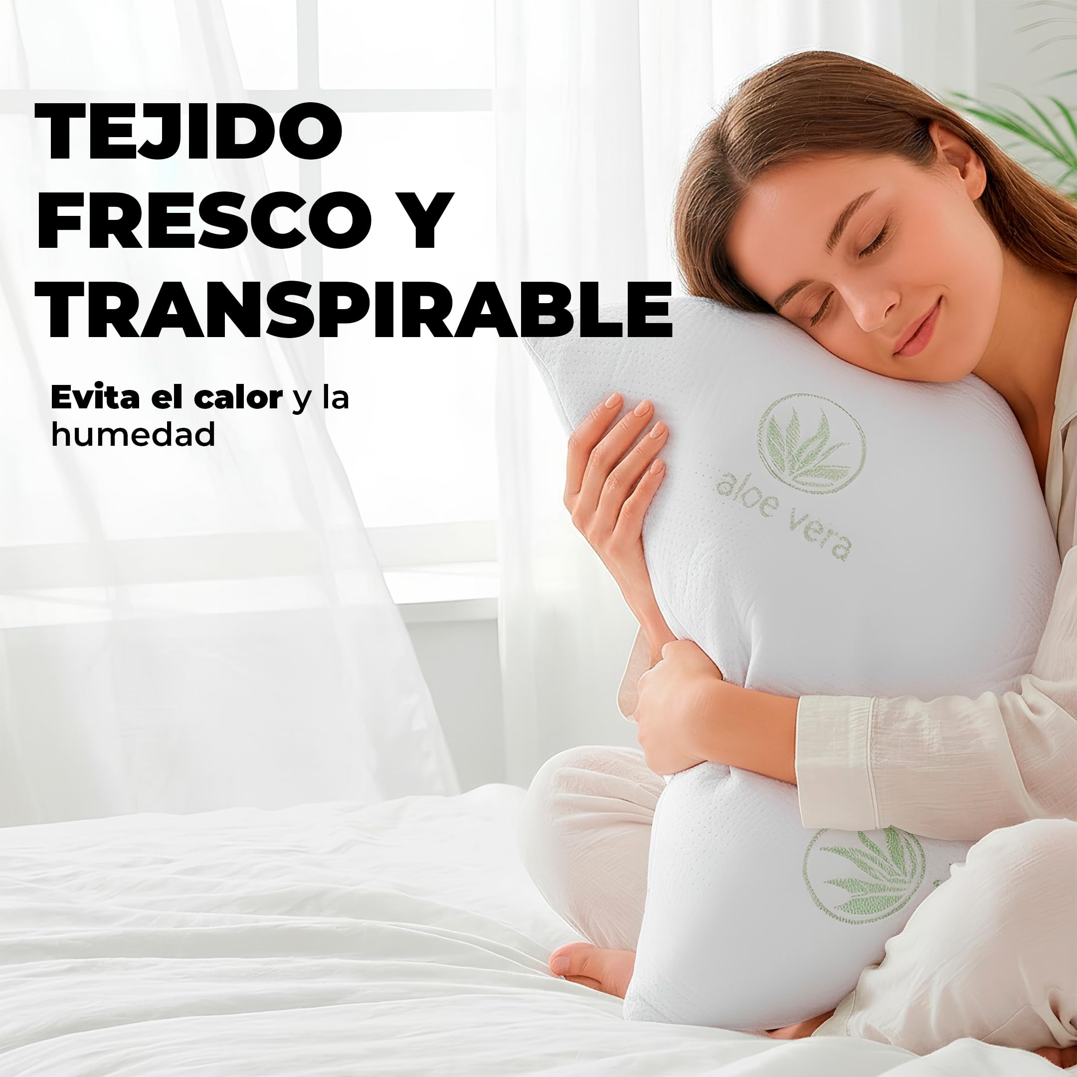 Aznar Pack 2 Almohadas Viscoelásticas Copos Aloe Vera Altura 15 Cm Firmeza Media Transpirable Antibacteriana Descanso Cervical Cómodo Funda Cremallera Tejido Suave Ergonómica Postura Natural 90 cm