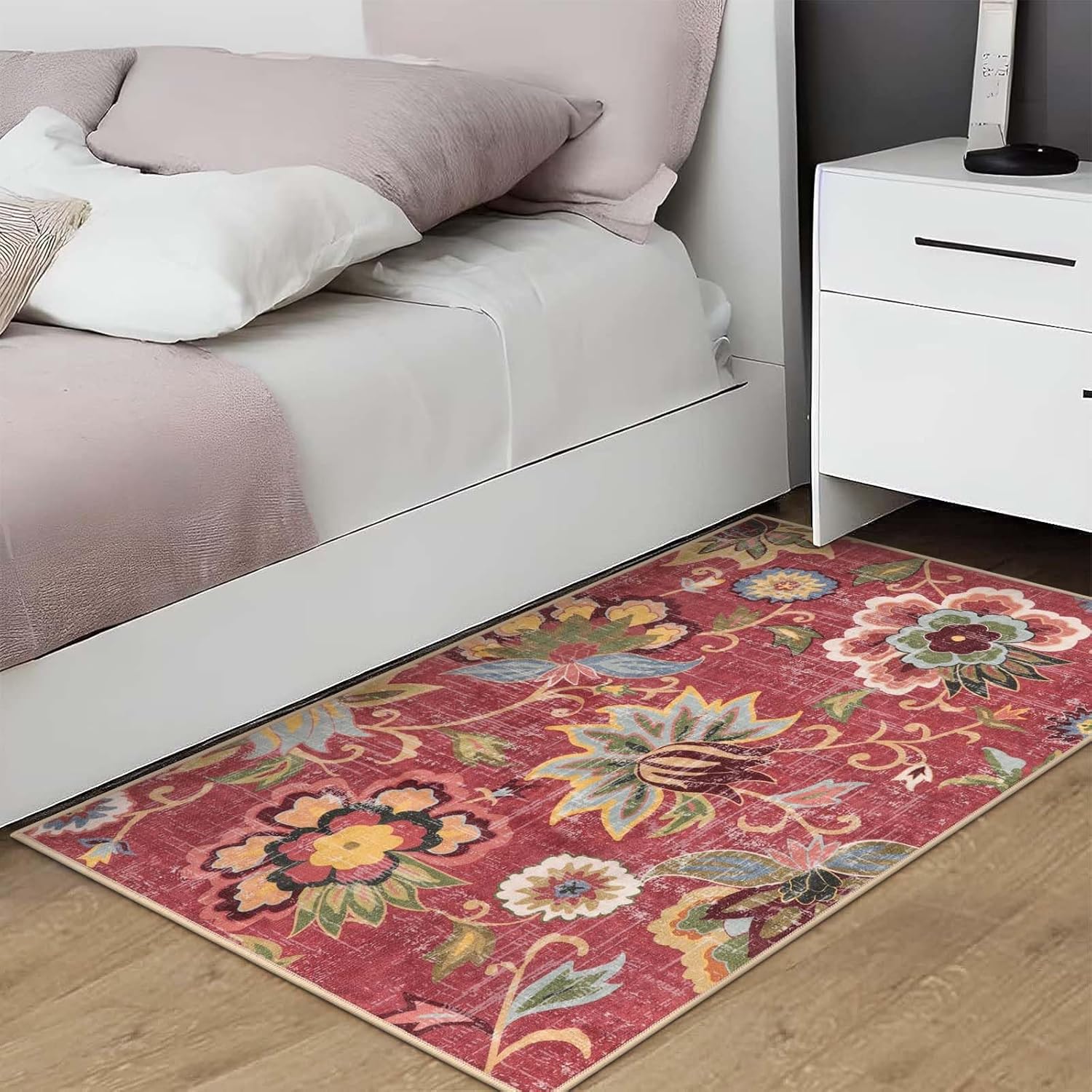 Beeiva Floral 3x5 Washable Rug Non Slip, Red Small Vintage Washable Rugs for Entryway, Ultra Thin Paisley Red Lightweight Entryway Carpet for Bathroom Kitchen Bedroom Office Christmas