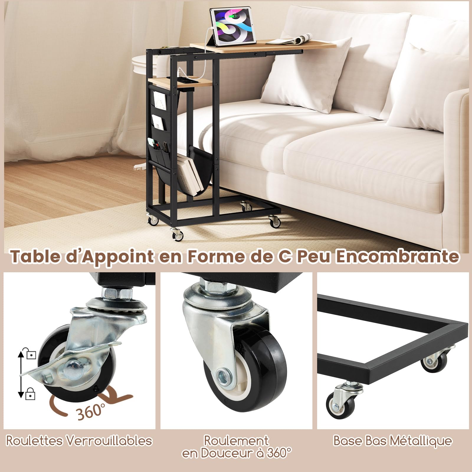 COSTWAY Table d'Appoint à roulettes avec Prise, Plateau Extensible, Bout de Canapé en Forme C, 2 Prises, 1 Port USB, Porte-Revues, 5 Pochettes, Table de Lit a Roulette pour Chambre (Naturel)