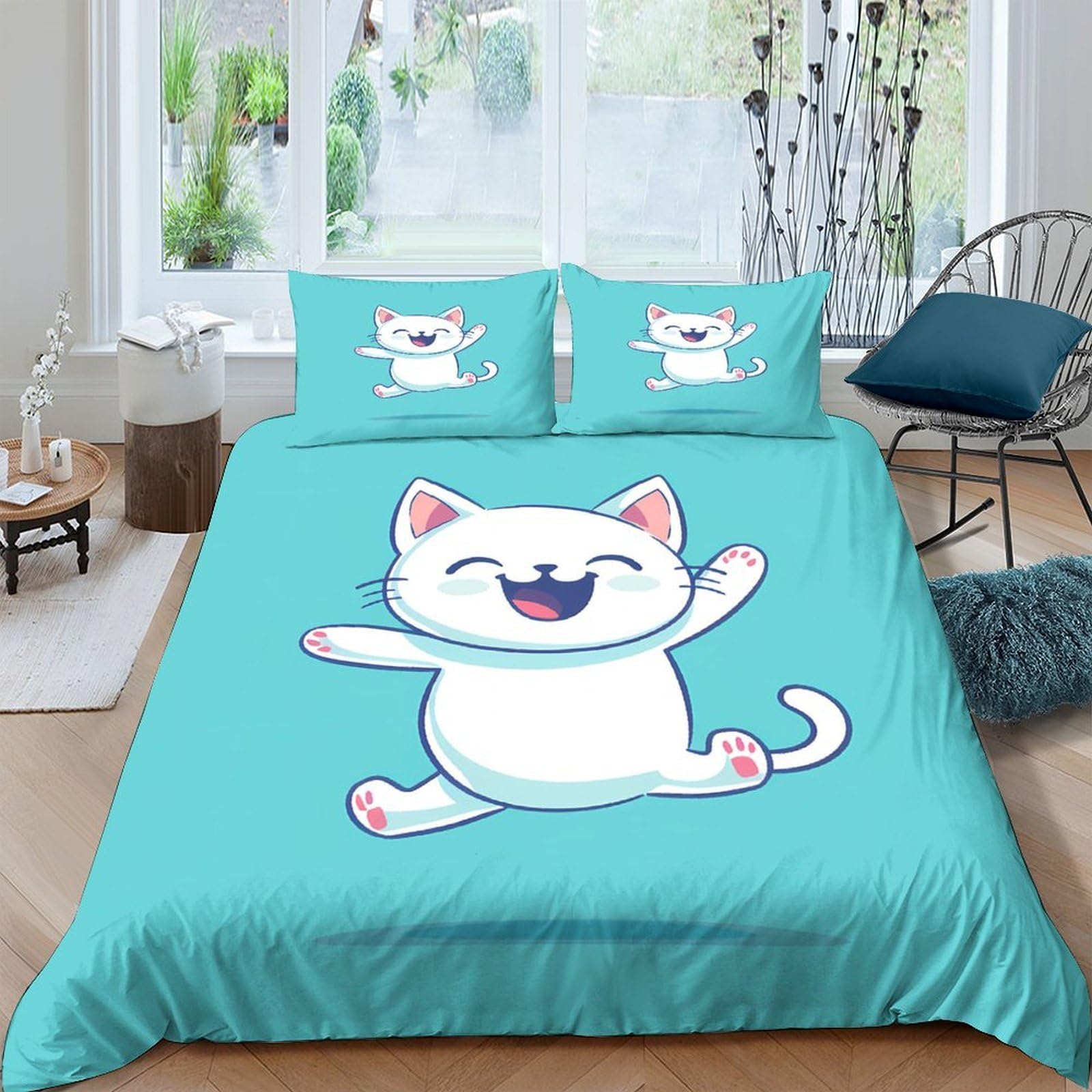 Ctjqhvkz Style-1 3D Printed Cartoon Cat Fitted Sheet Microfiber Soft Blue Cute Animal Bed Cover For Bedroom Guest Room Dorm Decor Single（135X200cm）