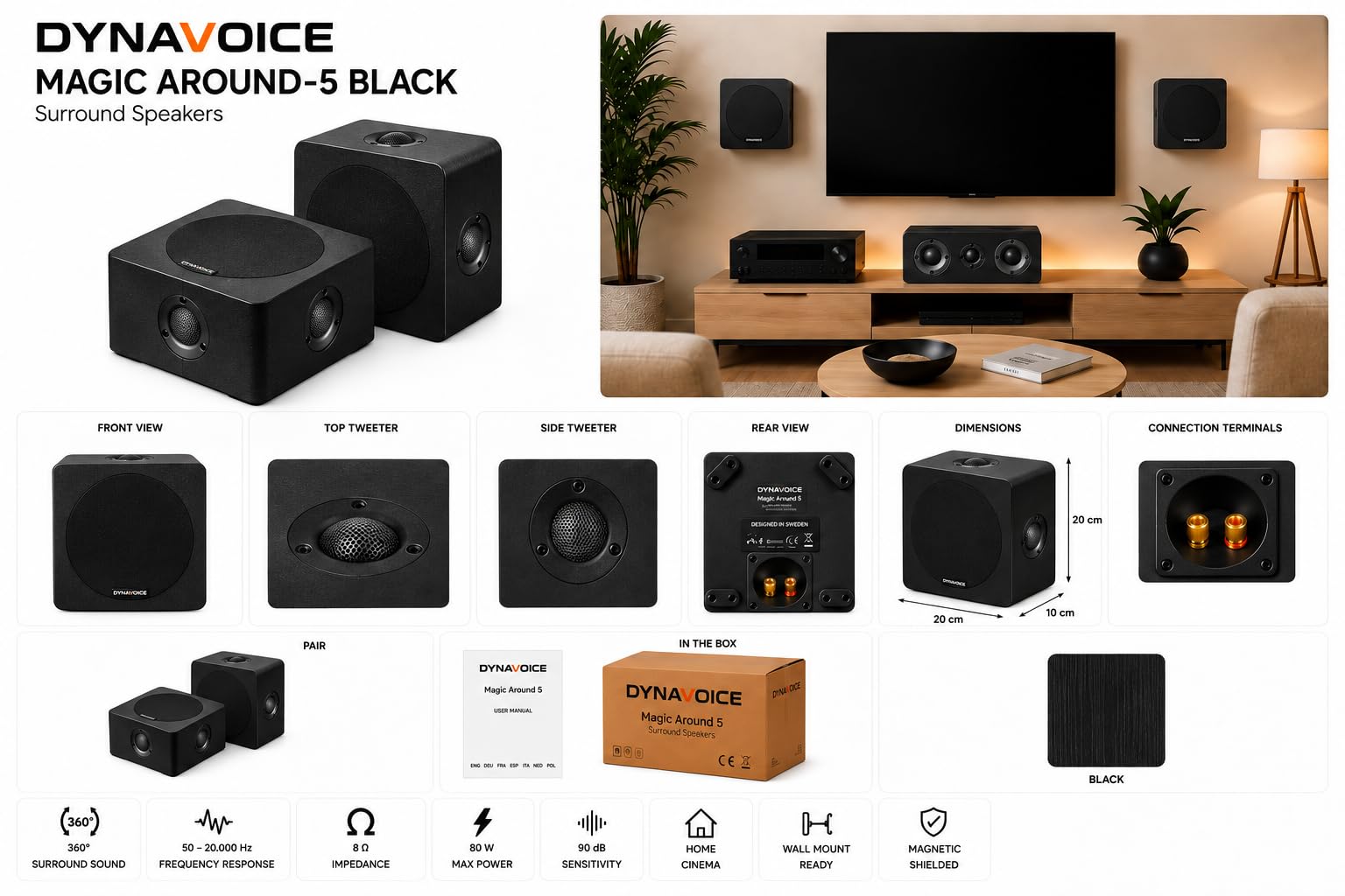 Magic Around-5 Noir – Paire d’Enceintes Surround Murales Home Cinema | Conception Quadripolaire 4 Tweeters + Woofer 5,25" | Enceintes Passives pour Systèmes 5.1 et 7.1