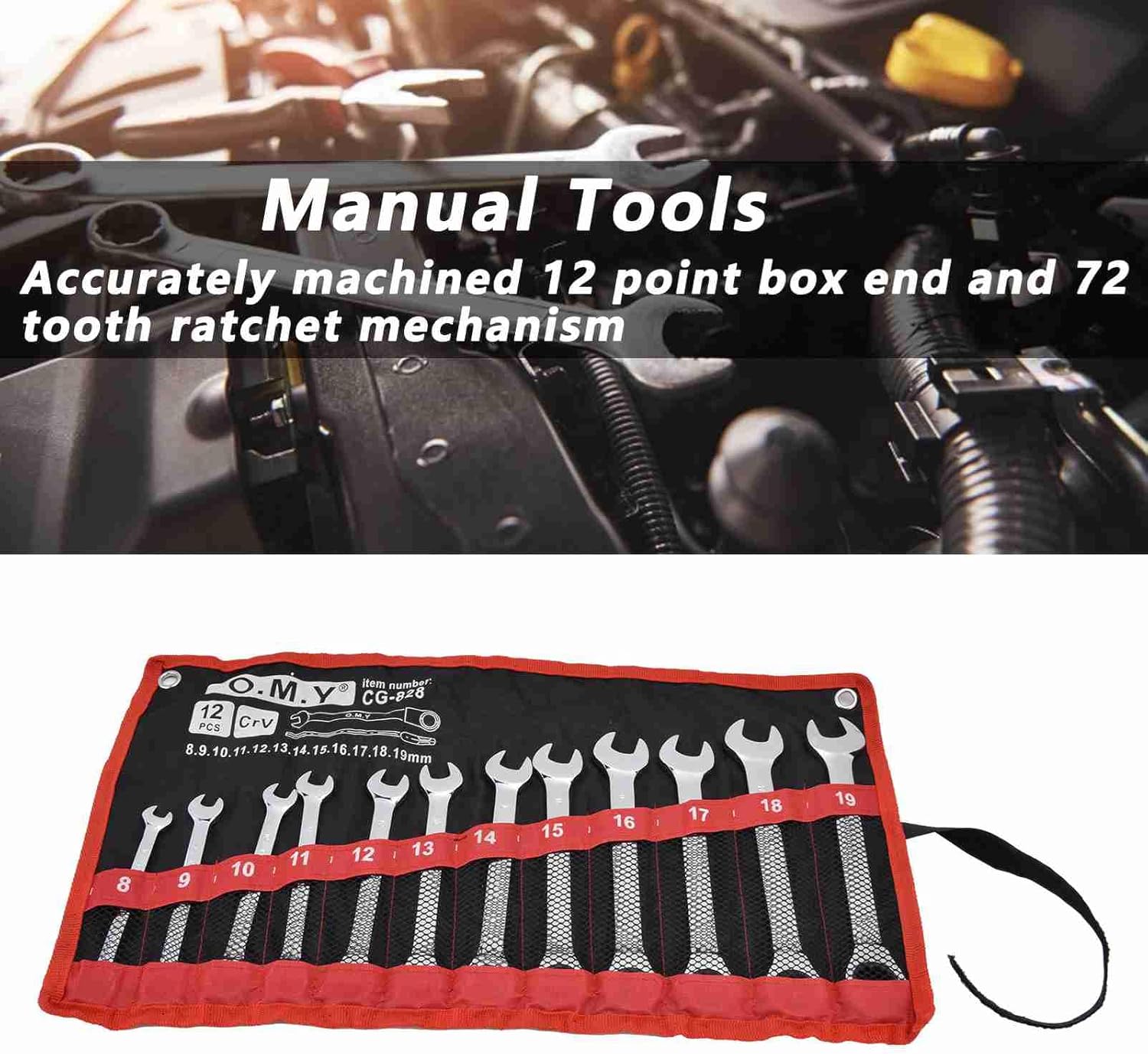 AMAKO Metric Ratcheting Wrench Set with Storage Bag, Chrome Vanadium Steel 8-19mm, 12pcs Combination Set (Fixed head)