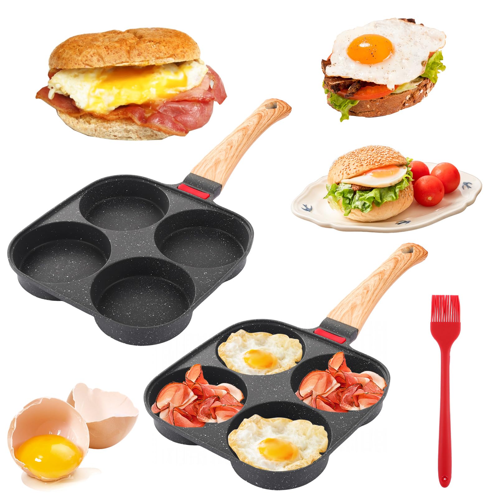 WOPPLXY 2 PCS Non-Stick Egg Frying Pan with 4 Hole, Pancake Poached Egg Pan, Omelet Skillet Fred Egg Burger Pan with Wooden Handle for Breakfast, Kitchen
