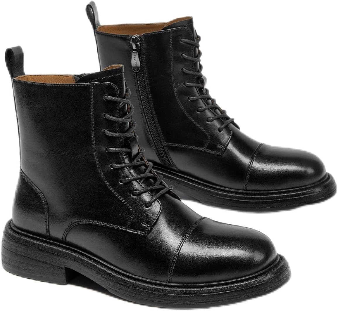 BEAU TODAY Womens Combat Boots, Leather Low Heel Ankle Boots for Women, Cap Toe Oxford Booties Side Zipper, Chunky Non Slip Lace Up Short Boots for Fall Winter