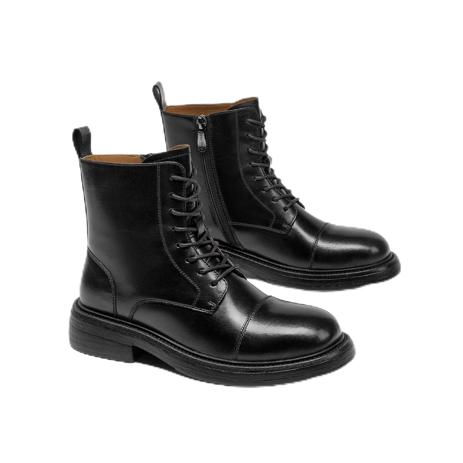 BEAU TODAY Womens Combat Boots Leather Low Heel Ankle Boots for Women Cap Toe Oxford Booties Side Zipper