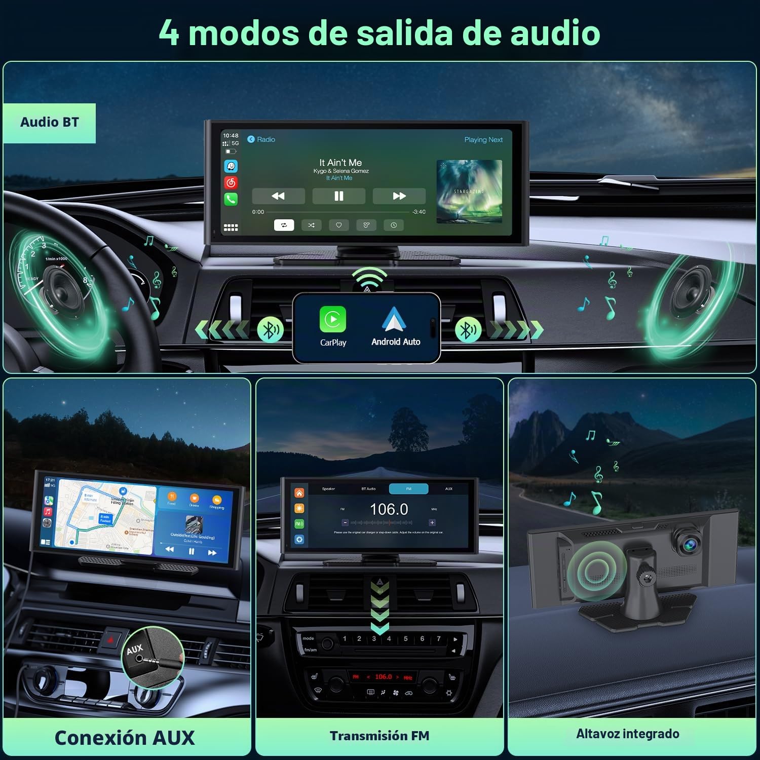 Pantalla Coche CarPlay Inalámbrico 10,25" Car Play Android Auto Estéreo con Dashcam Delantera Trasera 4K+1080P Sin Instalación Navegación Bluetooth FM AUX Tarjeta TF 64GB