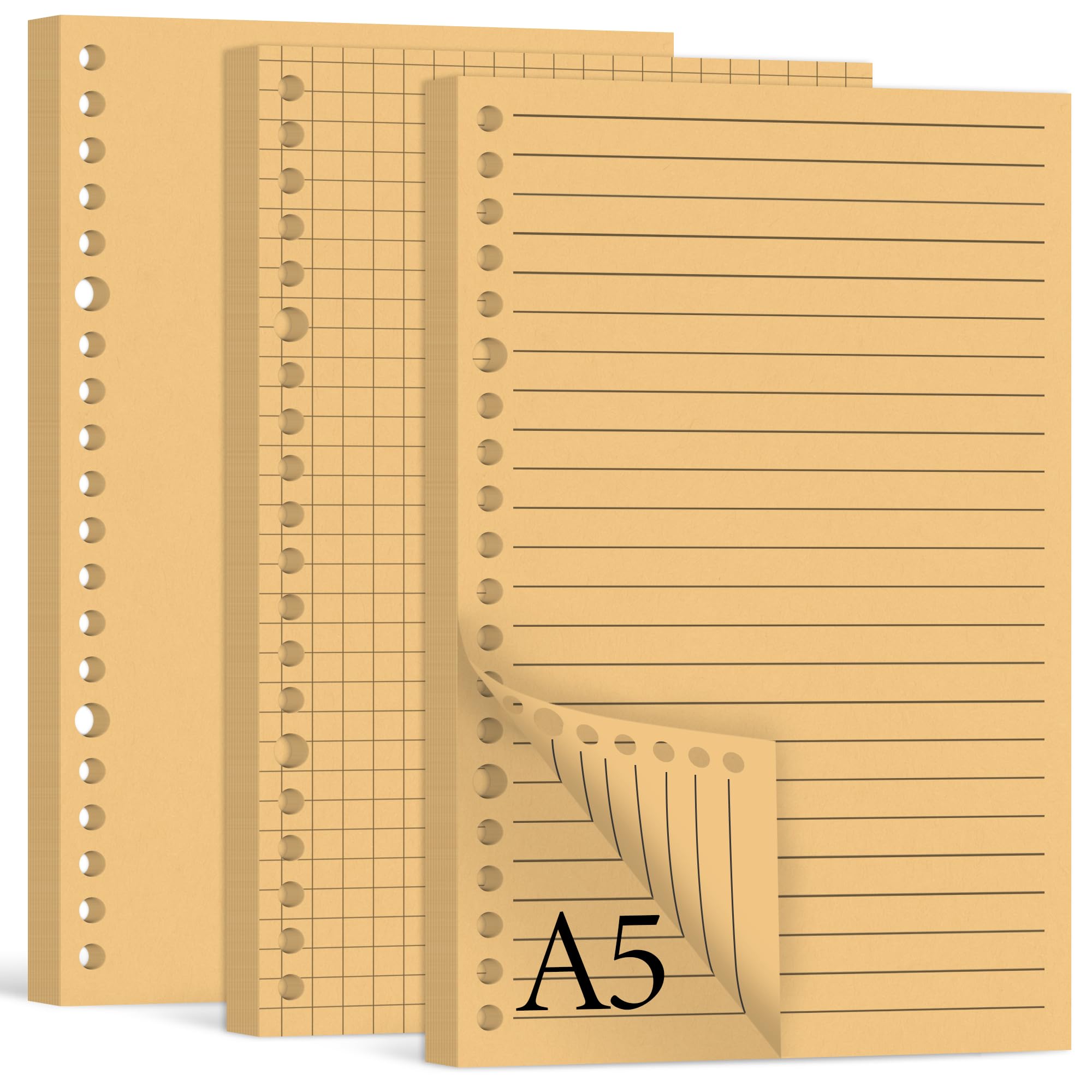 Yurifaz A5 Refill Paper, 3 Packs A5 Refill Pad, Loose Leaf Paper Planner Inserts 20 Hole for Journal Diary Notebook-Lined, Dotted, Blank