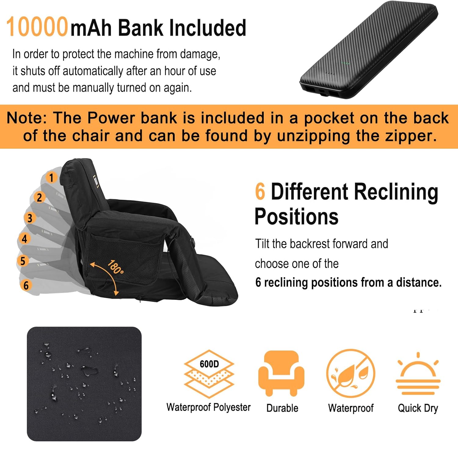 Hot Massage Stadium seats, 25 inch folding blanker chair with 10000mAh portable power, 3 levels of heat and massage, 6 reclining positions for indoor stadiums, baseball stadium, park bleachrs Hot Massage Stadium seats, 25 inch folding blanker chair with 10000mAh portable power, 3 levels of heat and massage, 6 reclining positions for indoor stadiums, baseball stadium, park bleachrs