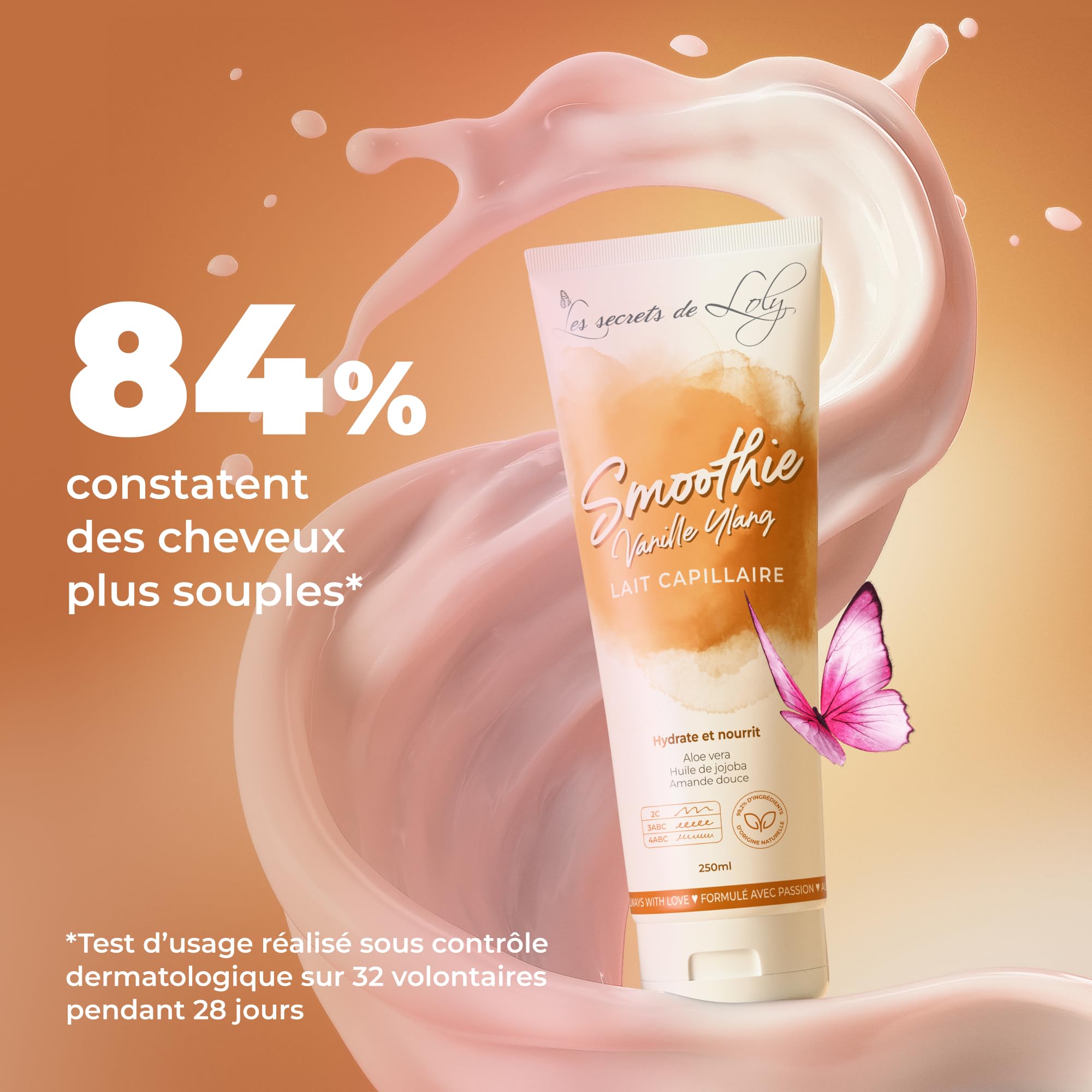 Les Secrets de Loly – Smoothie Vanille Ylang – Lait capillaire sans rinçage Nourrissant & définition – Cheveux bouclés, frisés, crépus, denses – +97% d'origine naturelle – 250 ml