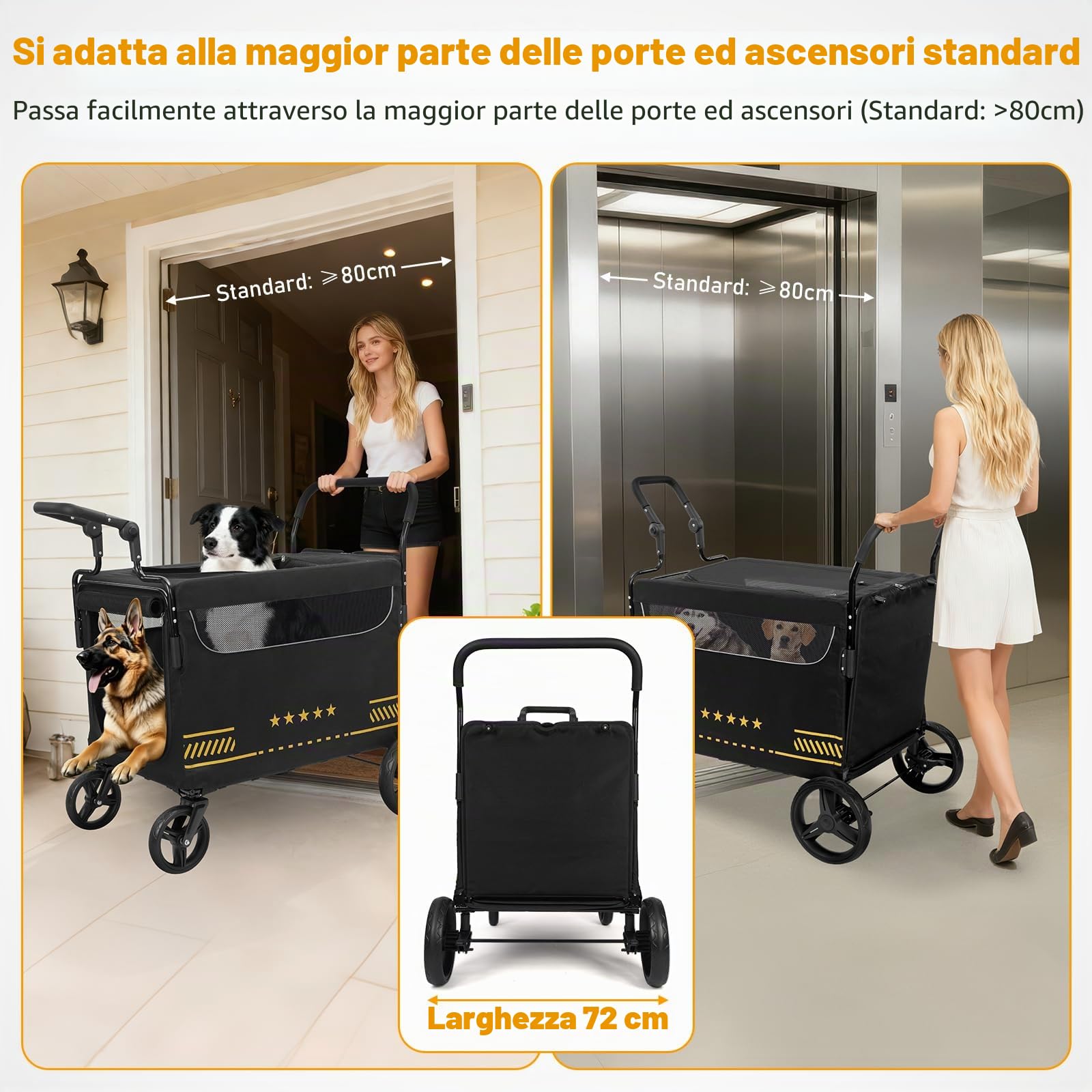 Passeggino per Cani Robusto con Rampa Pieghevole per Accesso Facile, Ideale per Cani Anziani o Infortunati, Passeggino per Animali con 2 Manici Regolabili, Fino a 80 kg