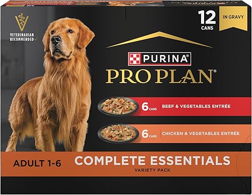 Purina Pro Plan Complete Essentials - Alimento húmedo para perros con pollo y verduras y carne de res y verduras, paquete variado (paquete de 12)