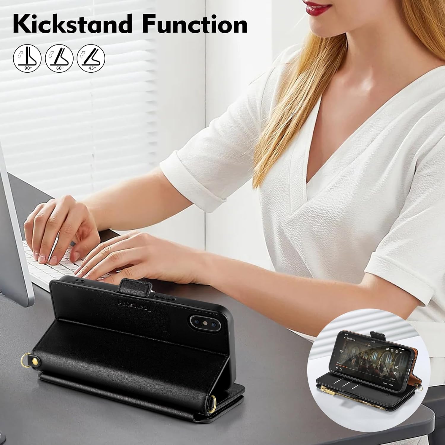 Antsturdy Compatible with iPhone Xs Max Wallet Case Women Men,RFID Blocking PU Leather Crossbody Phone Case Zipper Wrist Strap Flip Cover Credit Card Holder Slots for Apple iPhone Xs Max,Black