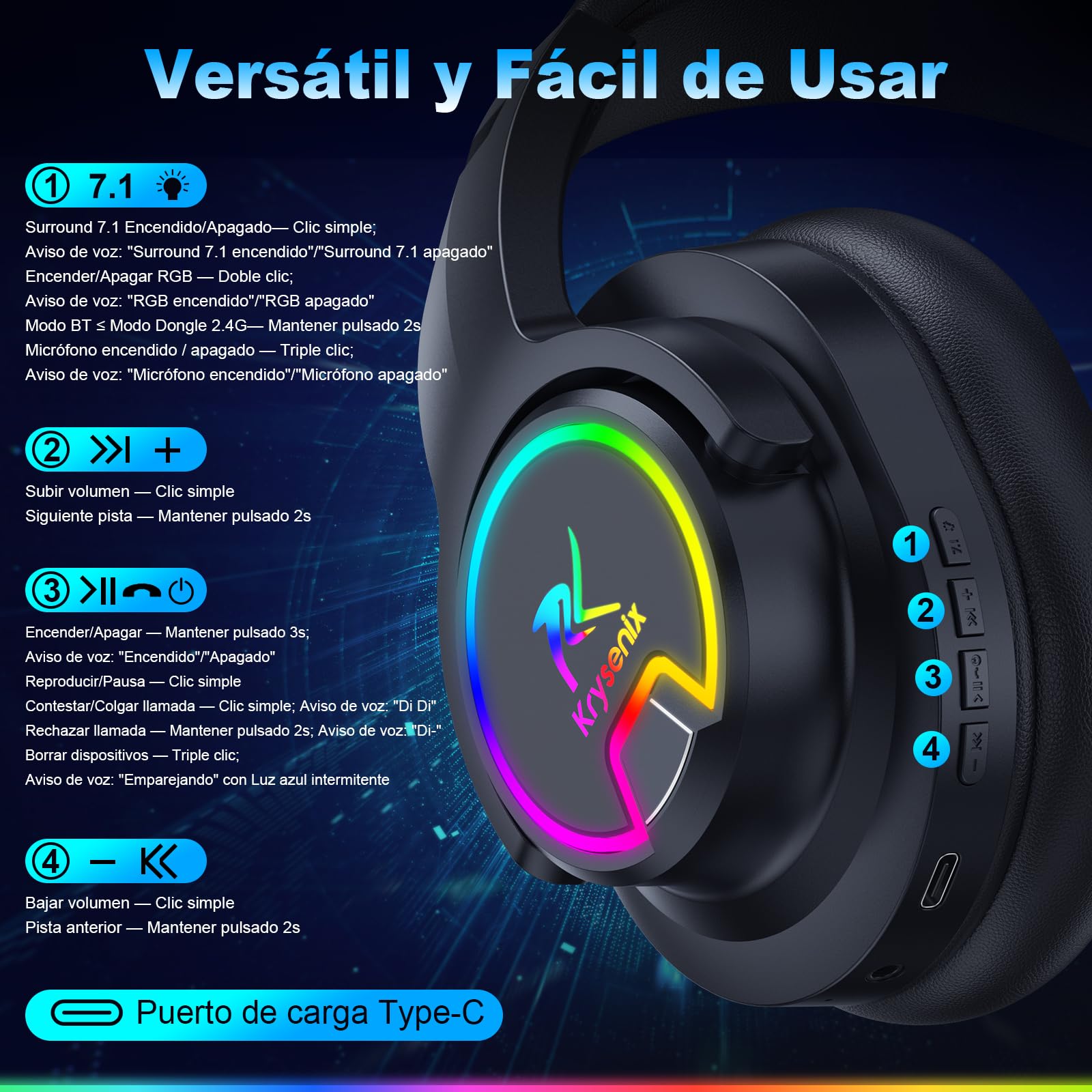 Krysenix PG3 2,4 GHz Cascos Gaming Inalámbricos para PS5, PS4, PC, Mac, Switch, Auriculares Inalámbricos Bluetooth 5.4 con micrófono Desmontable, 7.1 Sonido Envolvente, Duración 48Hr, Luz LED