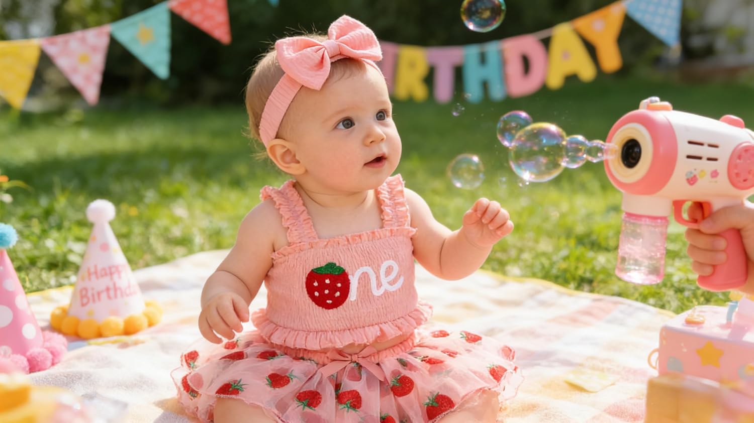 First Birthday Baby Girl Outfit Patterned Sleeveless Smocked Ruffle Top and Tutu Tulle Shorts Sets with Headband
