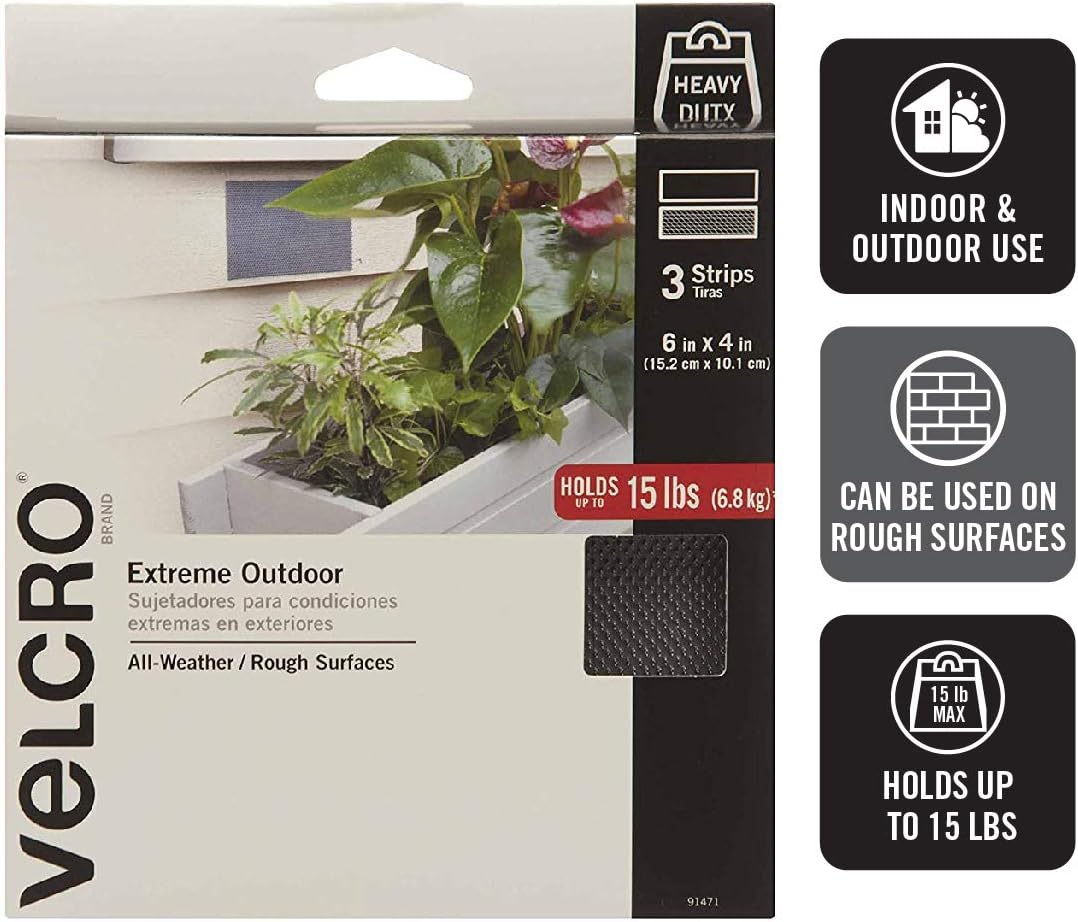 VELCRO Brand Extreme Tape Strips | 4 x 2 Inch 2 Sets | Holds 15 lbs |Heavy Duty Black with Stick on Adhesive | Strong Holding Power for Outdoor Use: Office Products
