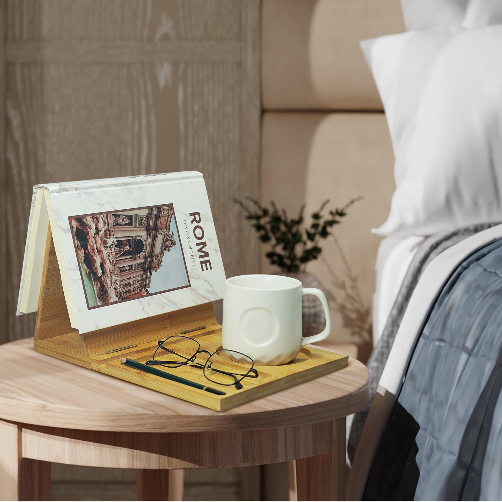 Junfire Dreieckiger Bücherregal-Buchständer aus Holz mit Buchstütze, Bücherregal, das Gläser, Tassen, Brillen und Tablets, Tassenhalter, Brillenhalter