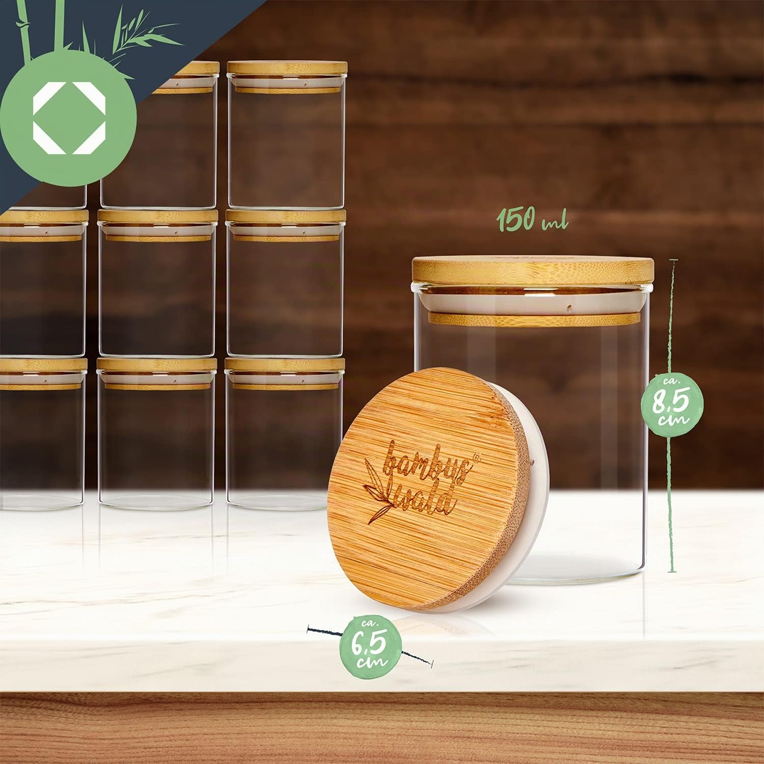 Set Di 10 Barattoli Per Spezie Da 150 ml cad., Contenitori Per Spezie Incl. Coperchio Ermetico In Bambù, Vasetti Per Spezie, Scatola Da Tè, Contenitore In Vetro