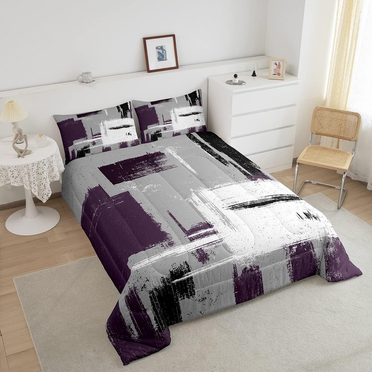 Feelyou Abstract Bedding Set Comforter Set for Kids Boys Children Modern Abstract Art Comforter Ultra Soft Decor Purple Grey White Duvet Set Twin Size
