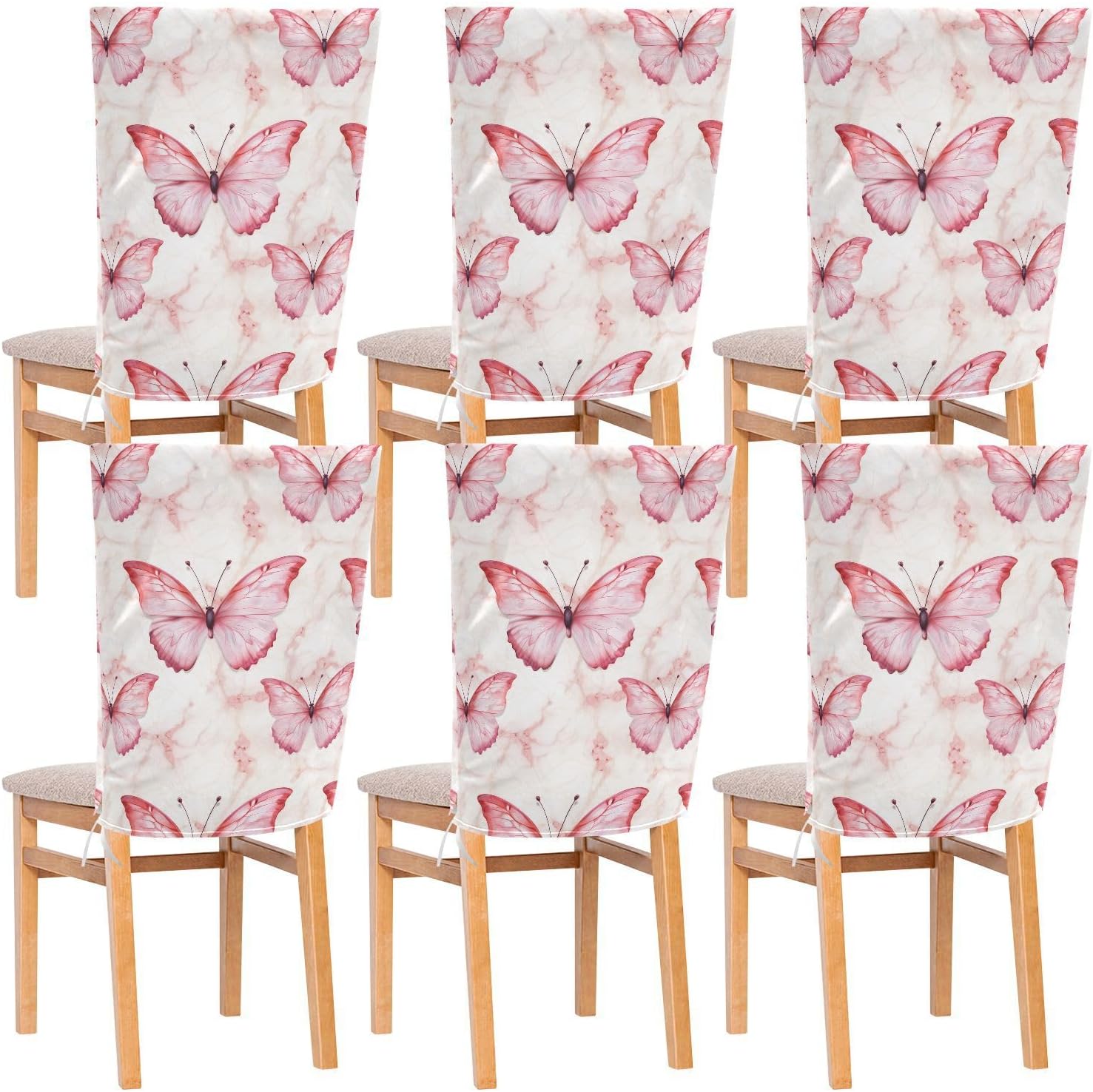 ALAZA Pink Butterflies Marble Chair Back Cover Set of 6, Washable Reusable Removable Chair Slipcovers Decorative Chair Cover for Home Kitchen Wedding Party