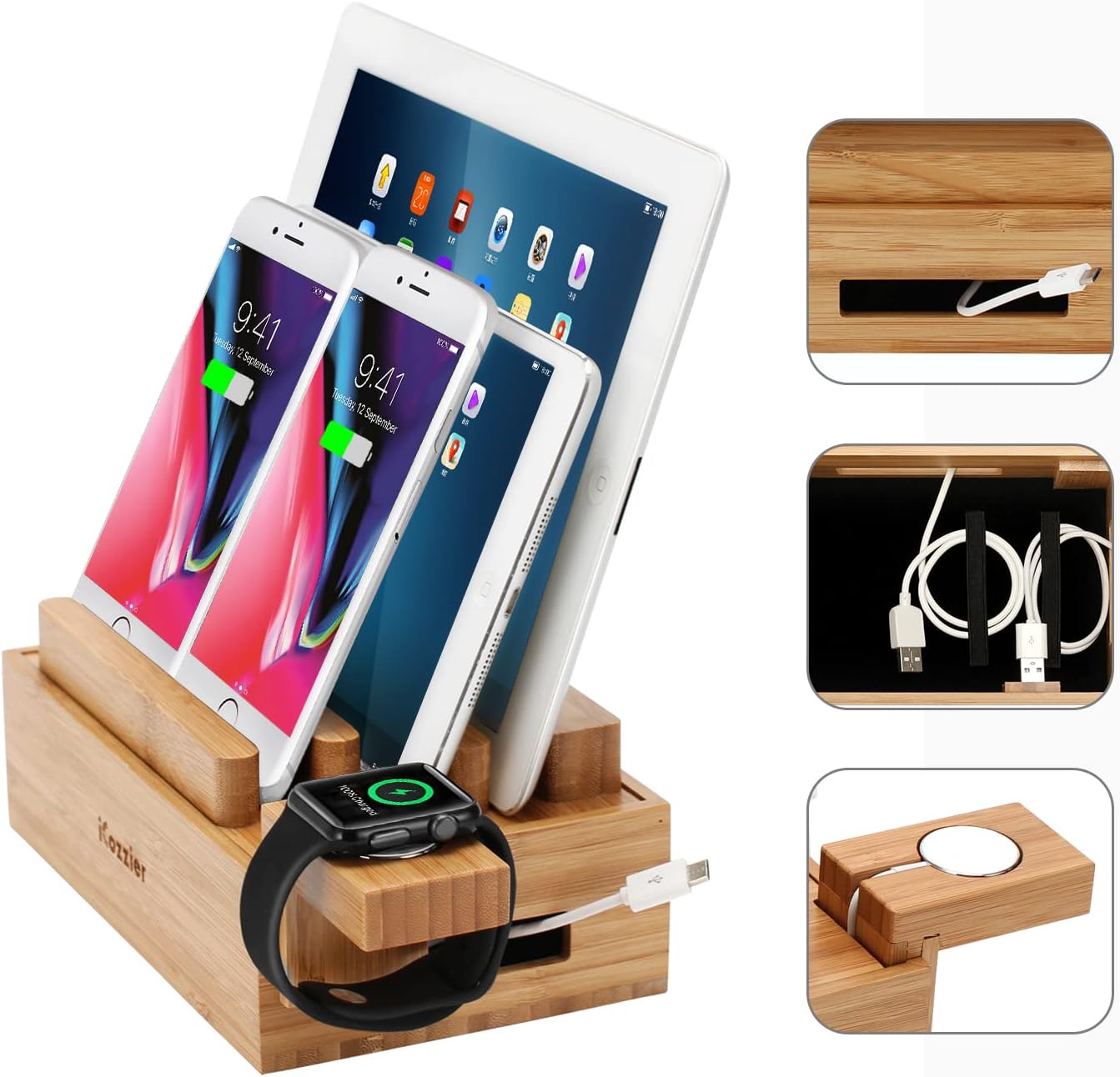 Mini Bamboo Stand, iCozzier Multi-Device Charging Station and Cord Organizer Stand Dock for iPhone, iPad, Samsung, Smartphones, Tablets