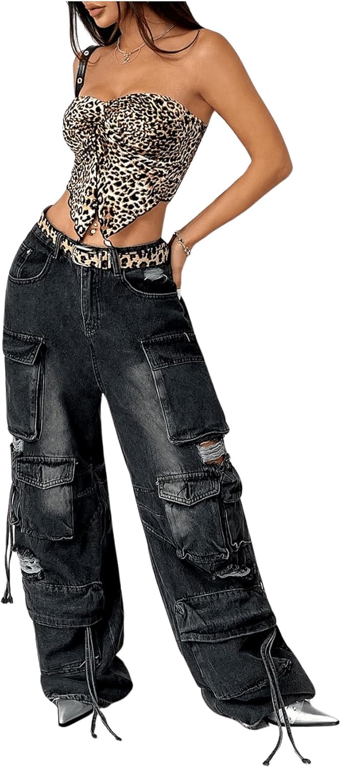 SHENHE Women's Leopard Print Twist Front Strapless Split Top Y2k Crop Tube Bandeau Tank Top - Image 5