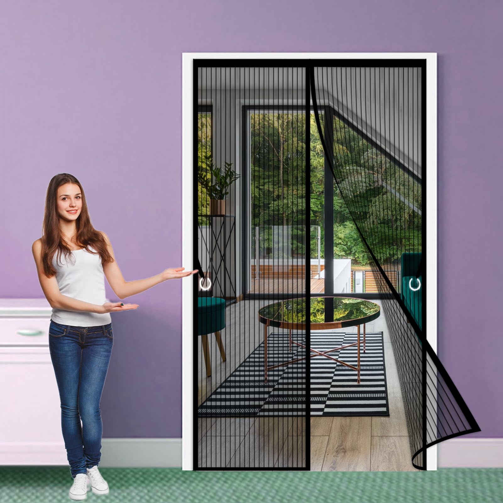 Door Screens for Keeping Out Flies Patio 144 x 208 cm Screen Mesh Curtain Without Drilling Snap Shut Automatically for French Door, Black