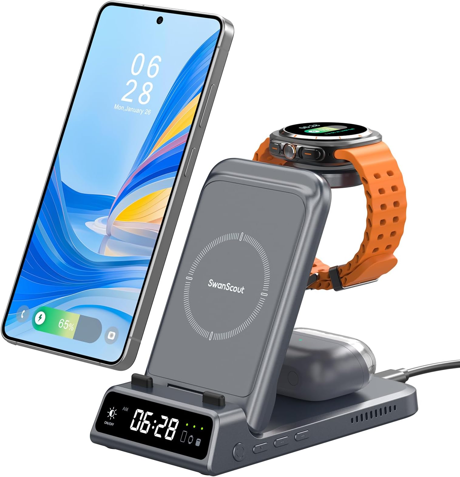 – Wireless Charger for Samsung S26 Ultra/S26+/S26, 3 in 1 Charging Station for Samsung S25 Ultra/S25+/S24/S23, Charger for Galaxy Watch 8/8 Classic/Ultra/7/6/5, Galaxy Buds, SwanScout 703S (No Adapter)