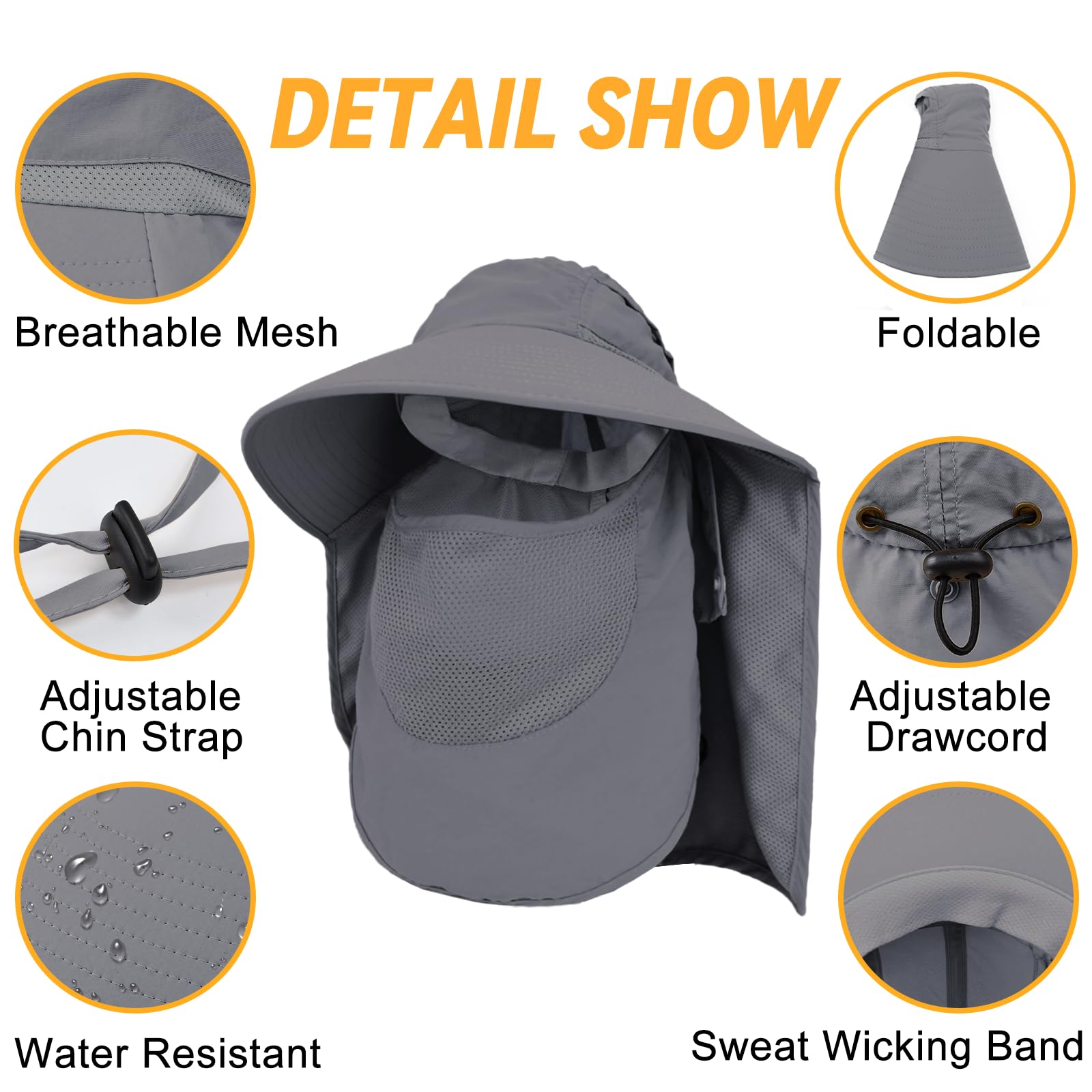 Rosoz Chapeau de pêcheur UPF 50+ - Vêtement safari - Pour homme - Amovible - Bord large - Chapeau de randonnée - Chapeau de pêche pour homme et femme - 3