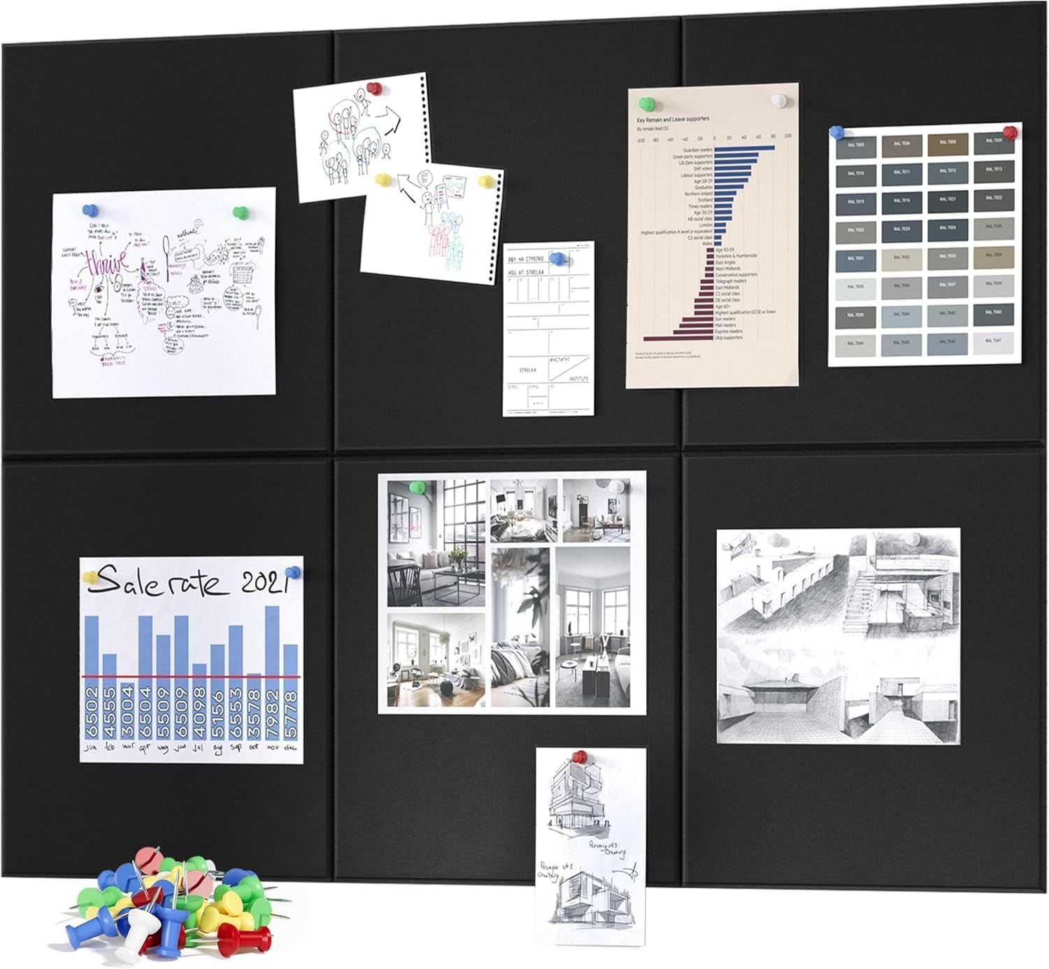 6 Pcs Felt Bulletin Board Self-Adhesive Wall Panels 30 x 30 cm with 60 Push Pins, Notice Board for Home Office Vision Board, Notes Photos & Schedules (Black)-picture-54