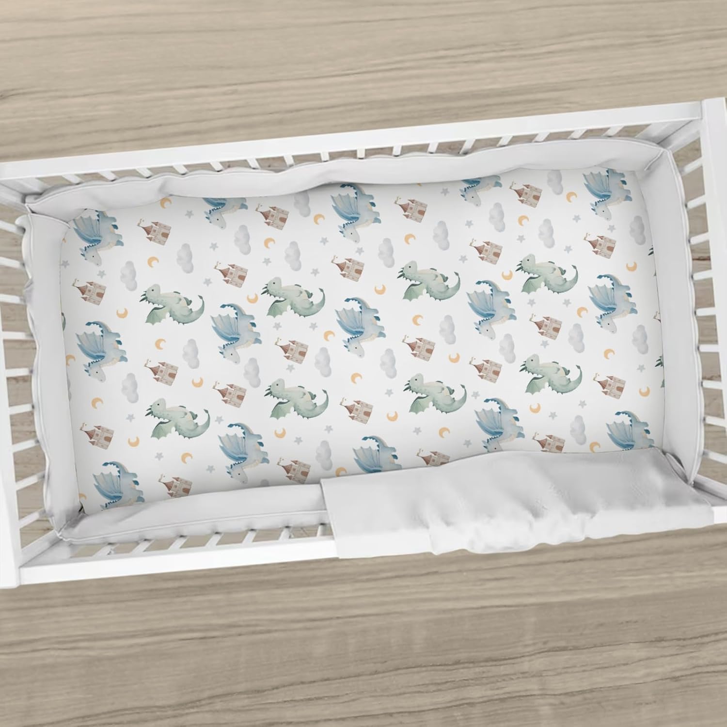 Cute Baby Dragons Castle Crib Sheets Watercolor Fairytale Dragon Moon Stars Soft Breathable Baby Sheets Fantasy Animal Fitted Crib Mattress Cover for Standard Mattress 28x52in