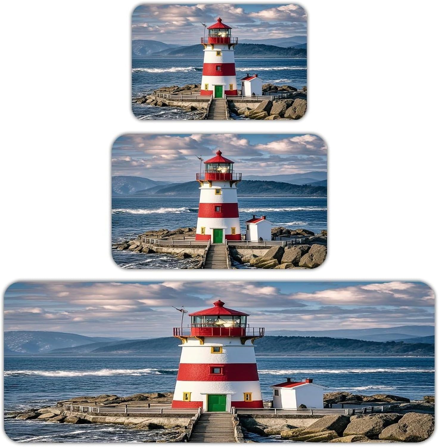 Santa Claus Lighthouse Kitchen Mats for Floor 3PCS Waterproof Low-Profile Kitchen Rugs Floor Mat Non Slip Anti Fatigue Mats Comfort Standing Mat Runner Rug Area Rug 6"x24"+20"x31"+17"x47"